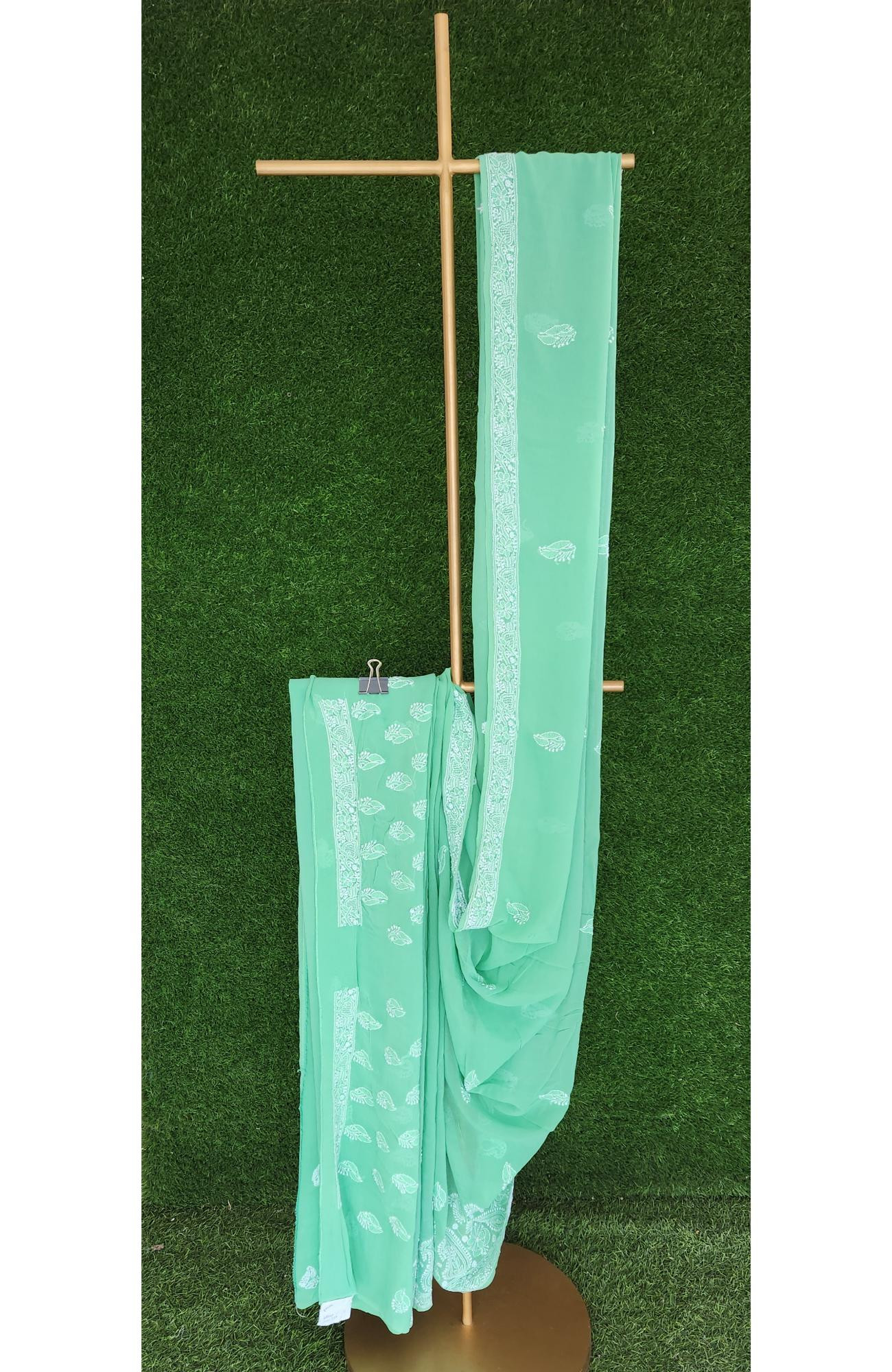 Green Pure Georgette Chikankari Saree