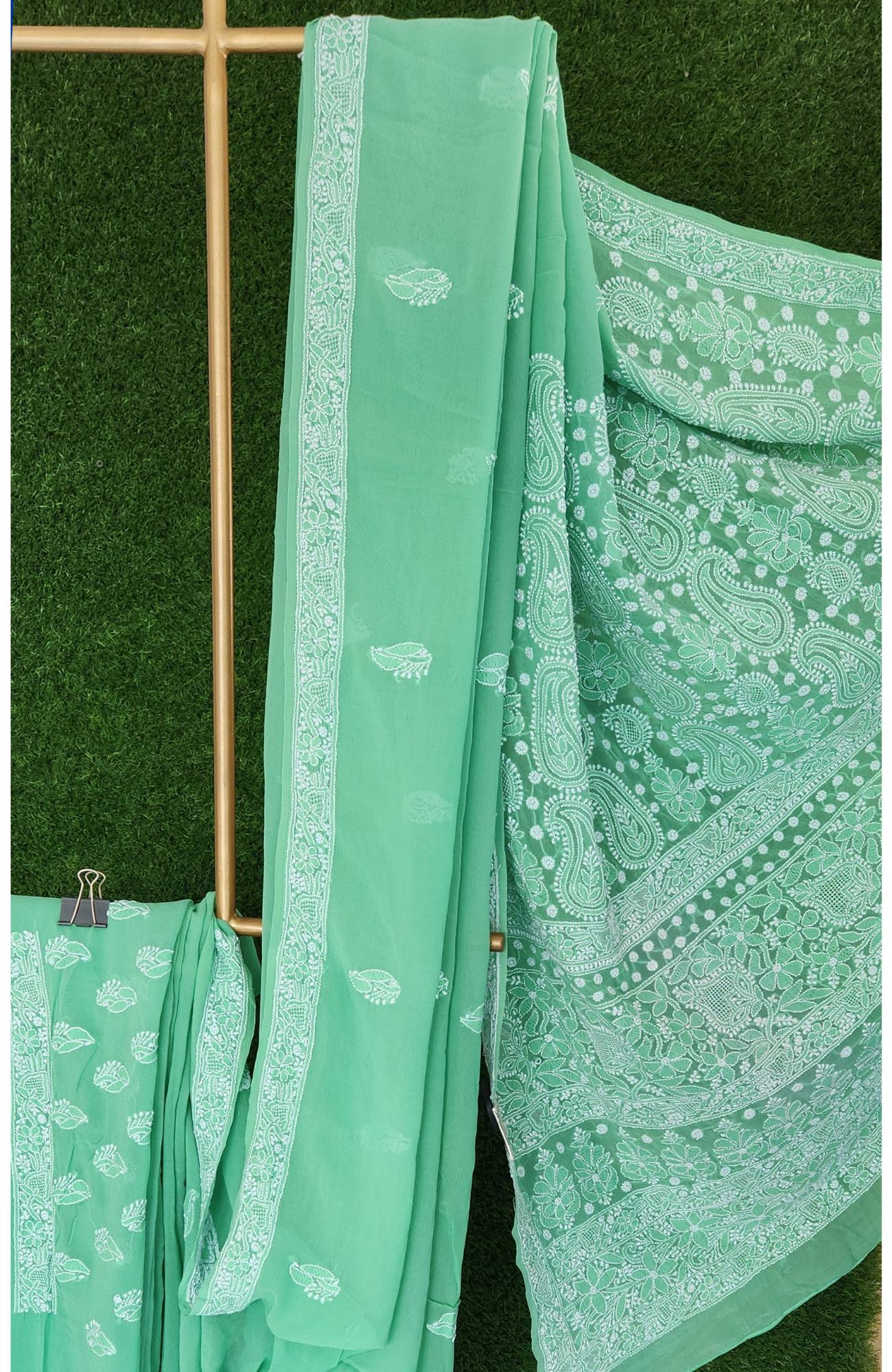 Green Pure Georgette Chikankari Saree
