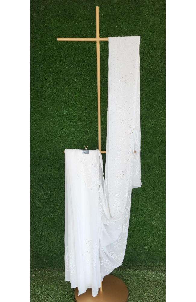 Image of White Pure Georgette Hand Embroidered Chikankari Saree  I Rohia By Chhangamal