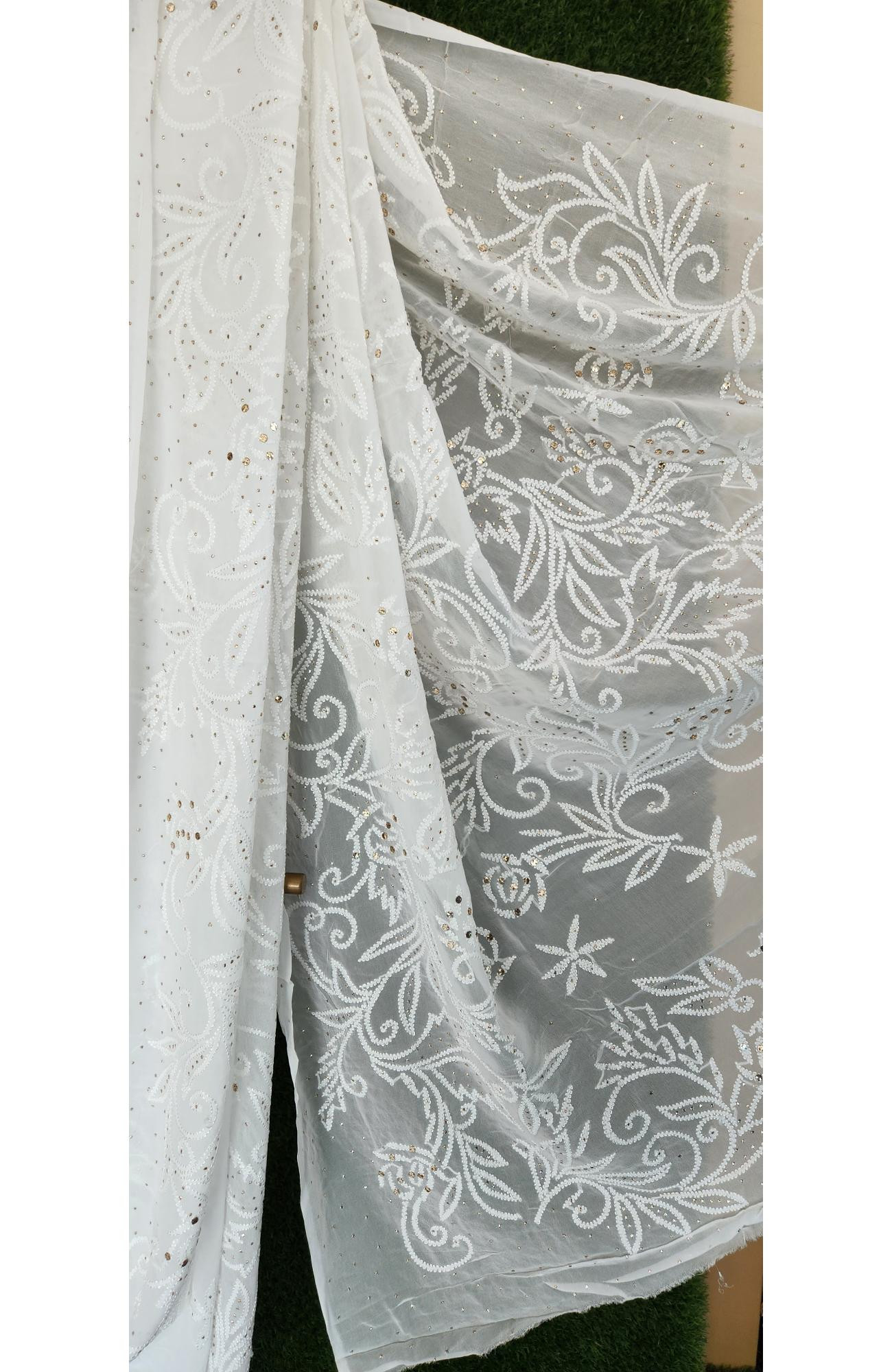 White Pure Georgette Hand Embroidered Chikankari Saree  I Rohia By Chhangamal