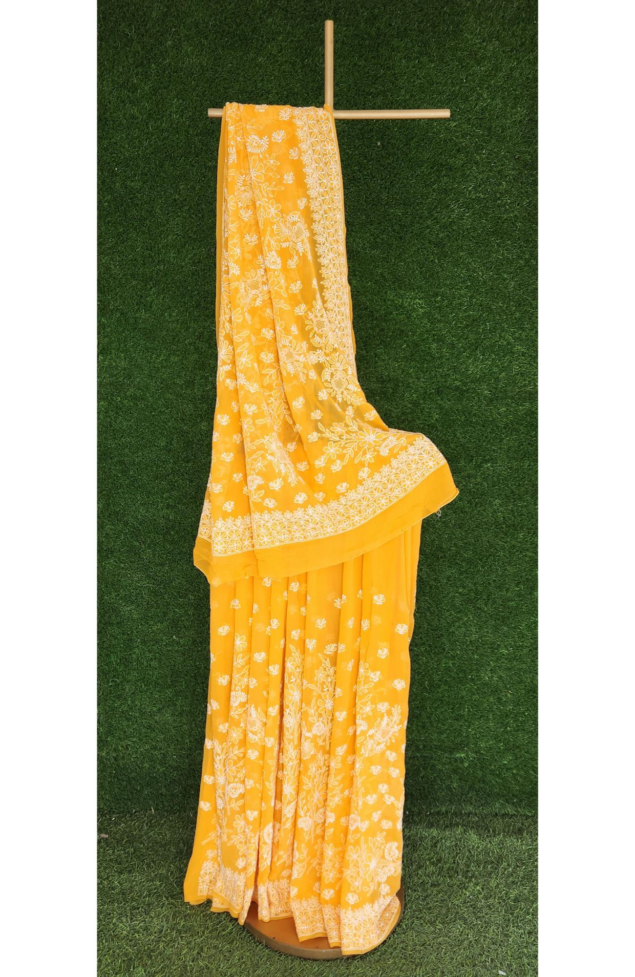 Mustard Yellow Pure Georgette Chikankari Saree