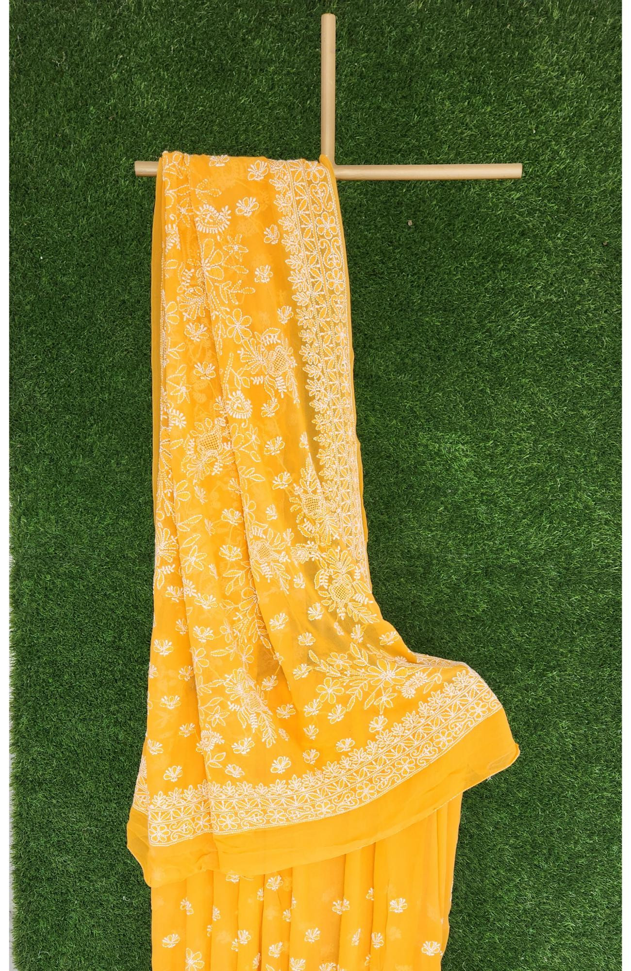 Mustard Yellow Pure Georgette Chikankari Saree