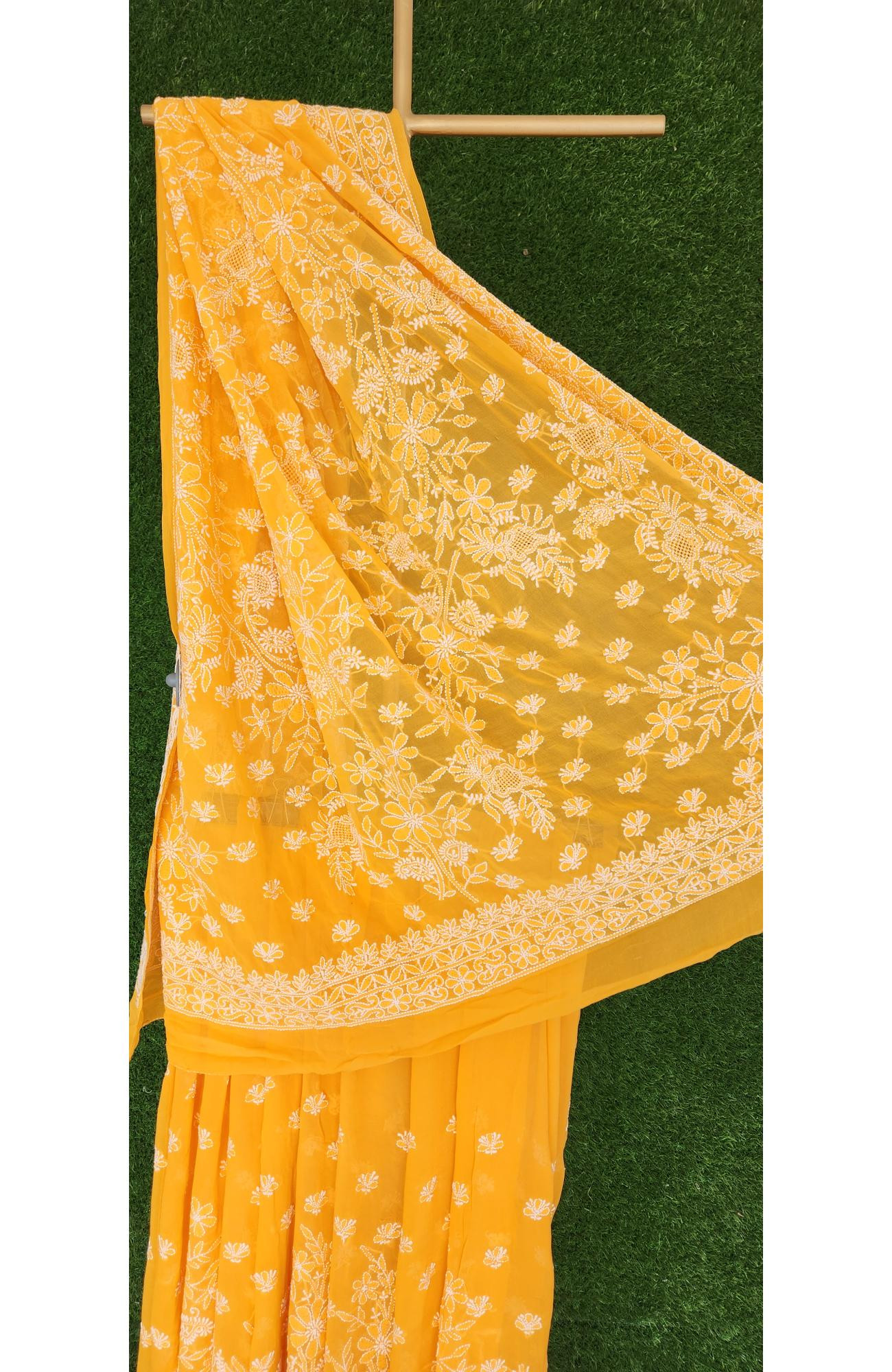 Mustard Yellow Pure Georgette Chikankari Saree