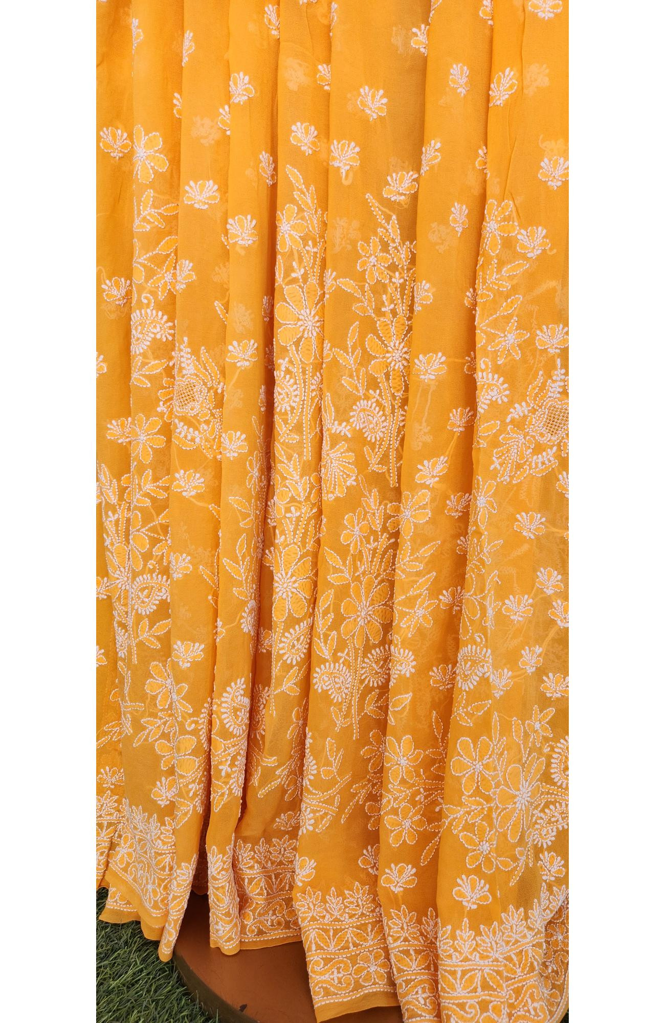 Mustard Yellow Pure Georgette Chikankari Saree