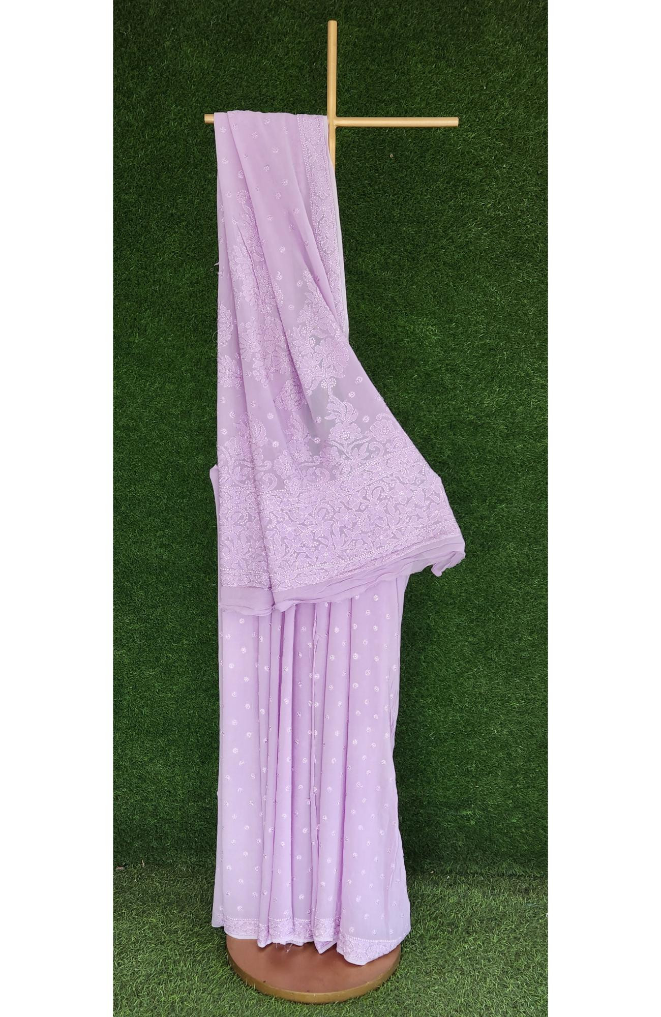 Lavender Pure Georgette Chikankari Saree