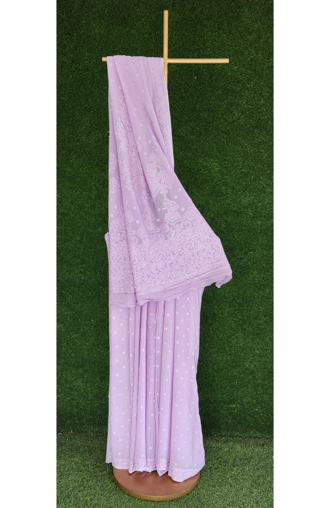 Image of Lavender Pure Georgette Chikankari Saree