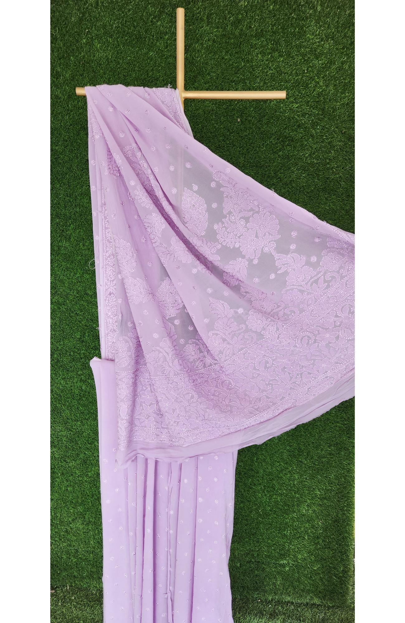 Lavender Pure Georgette Chikankari Saree