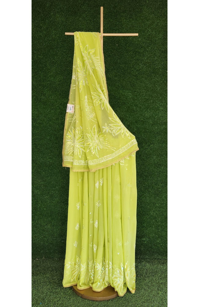 Image of Parrot Green Pure Georgette Chikankari Saree