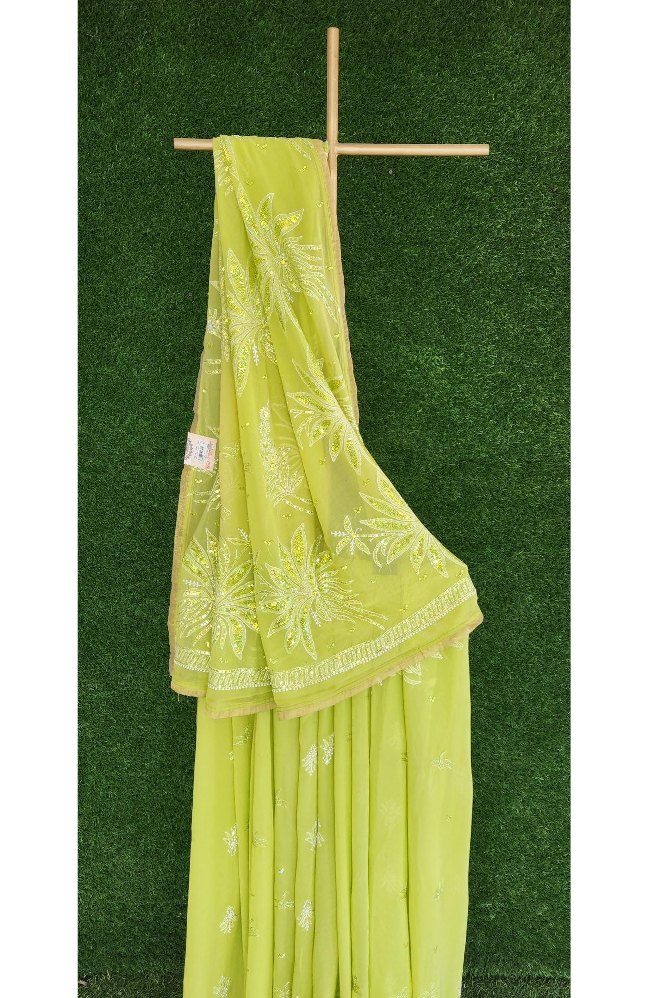 Parrot Green Pure Georgette Chikankari Saree