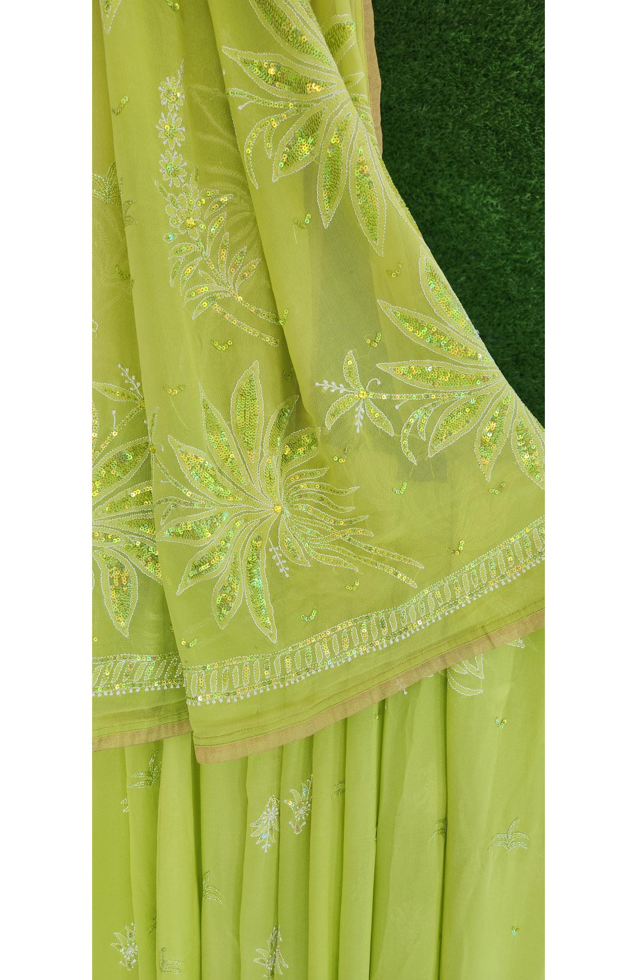 Parrot Green Pure Georgette Chikankari Saree