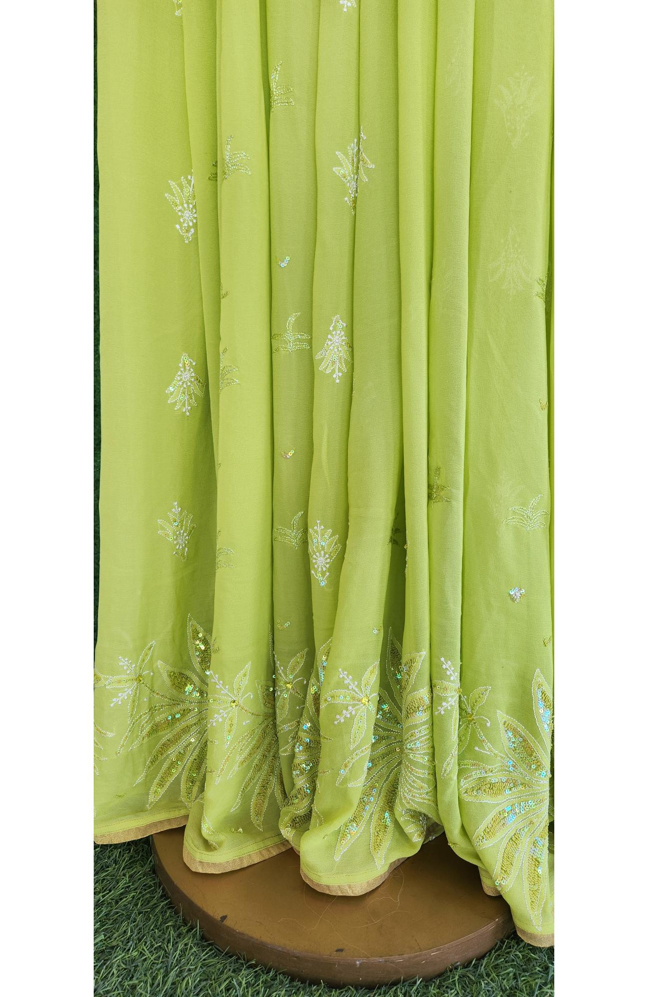 Parrot Green Pure Georgette Chikankari Saree