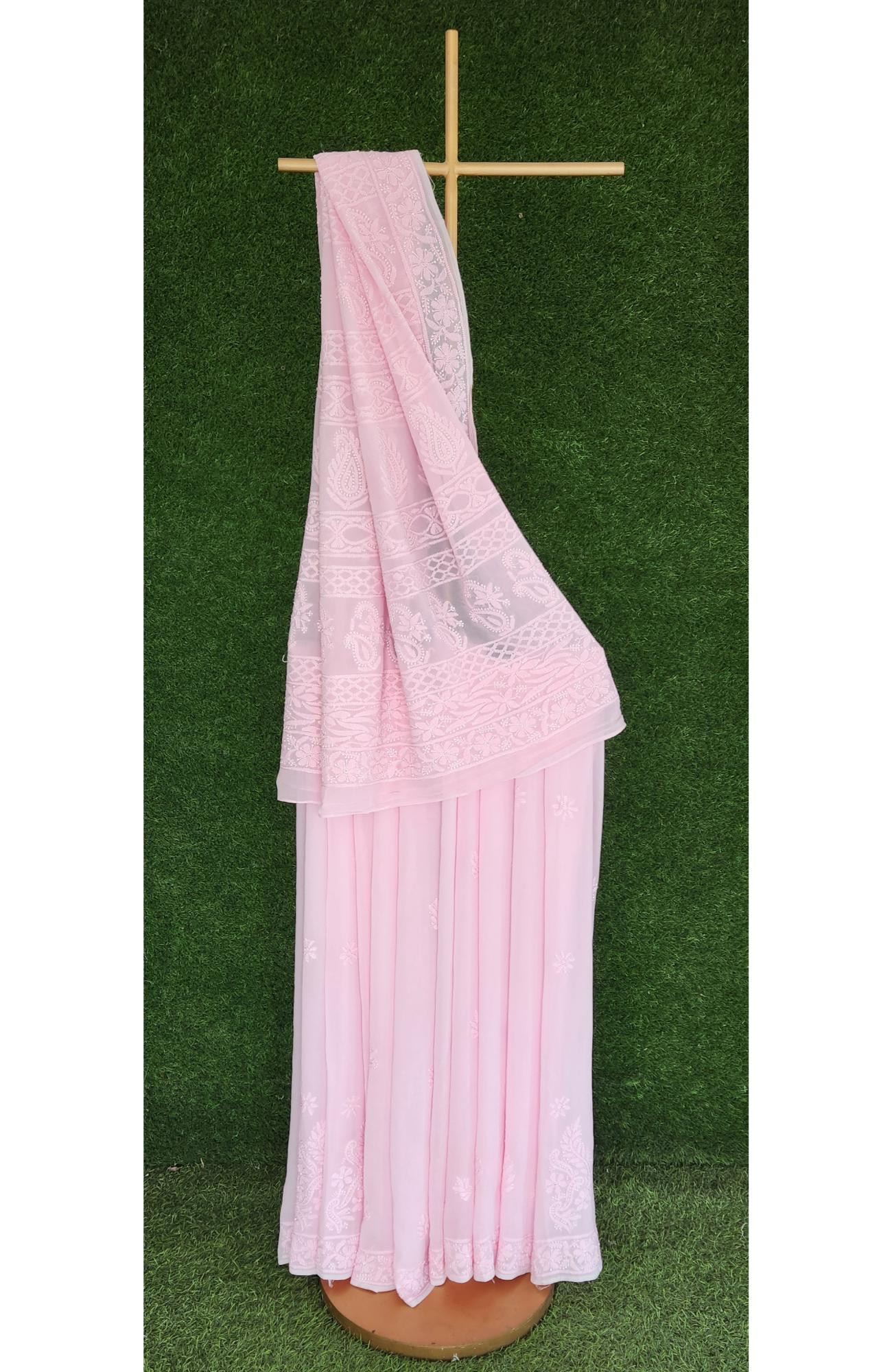 Pink Pure Georgette Chikankari Saree