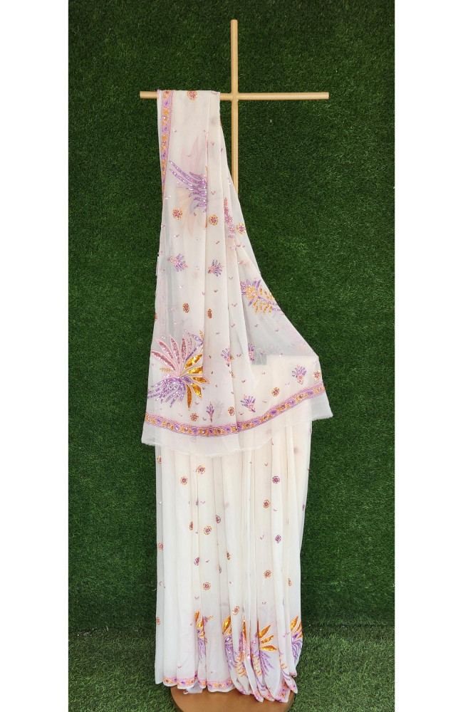 Image of White Pure Georgette Chikankari Saree