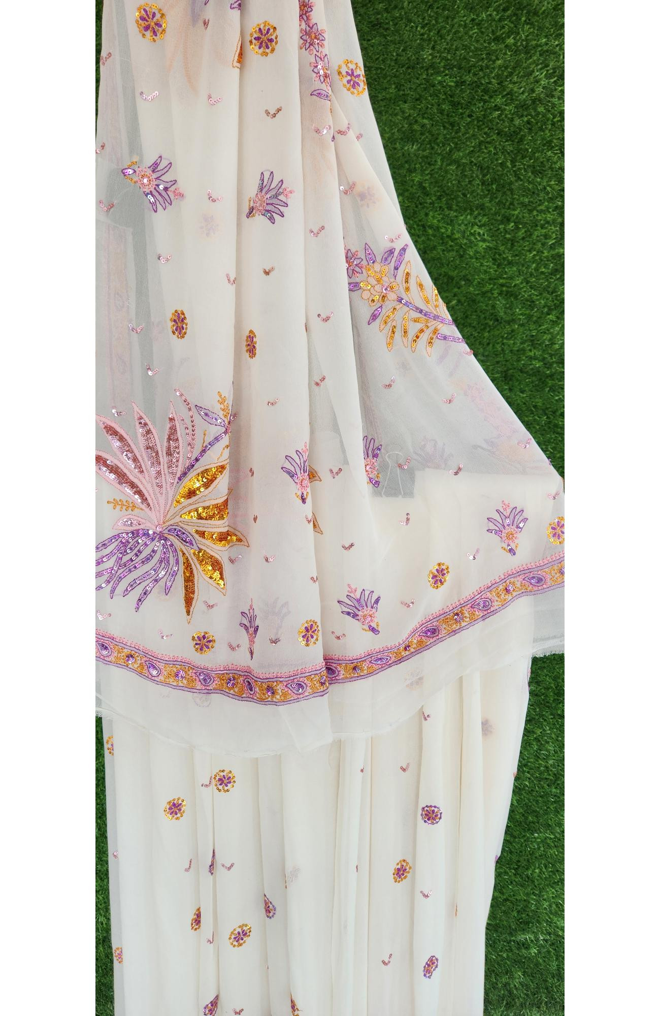 White Pure Georgette Chikankari Saree