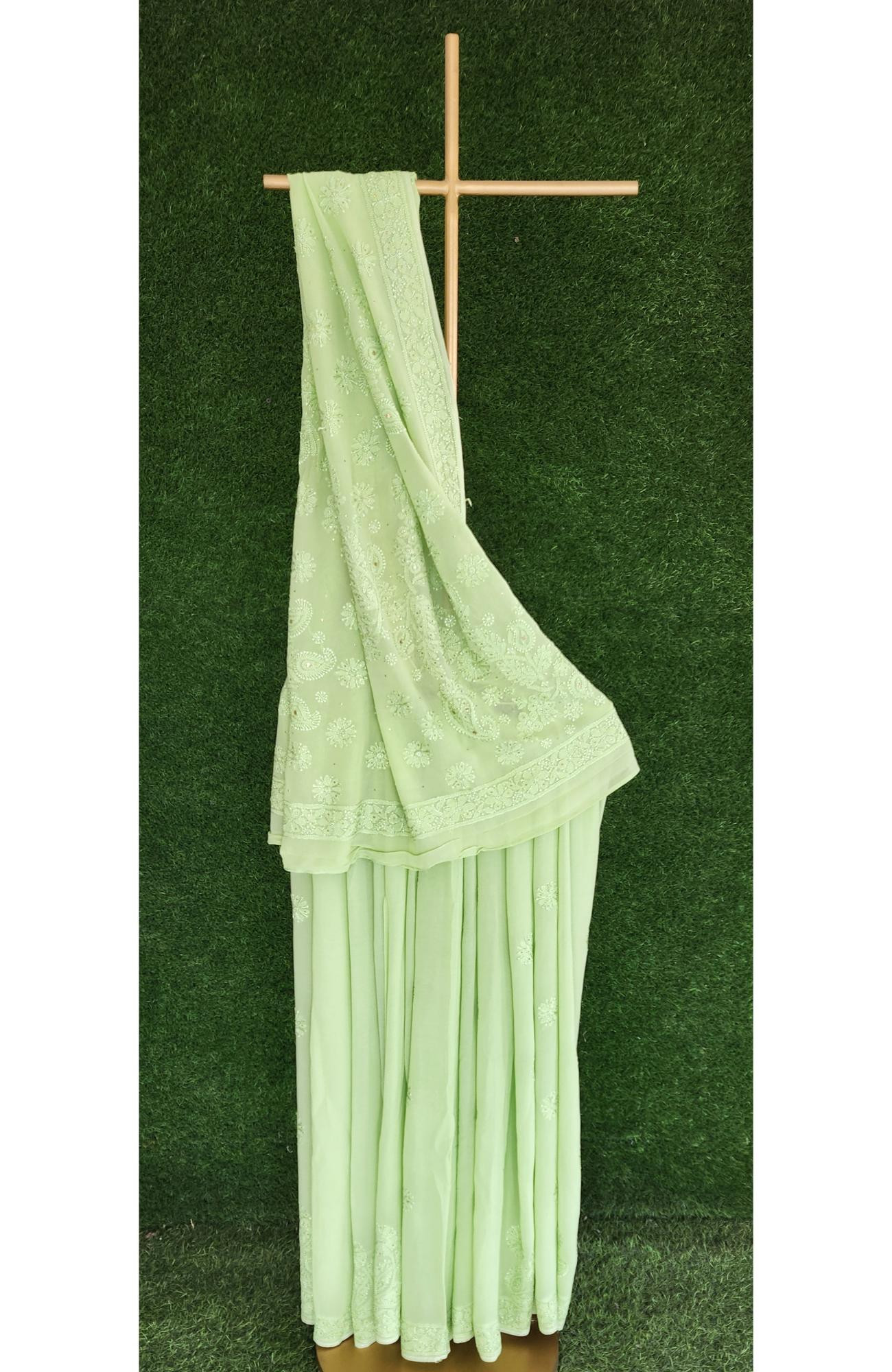 Green Pure Georgette Chikankari Saree