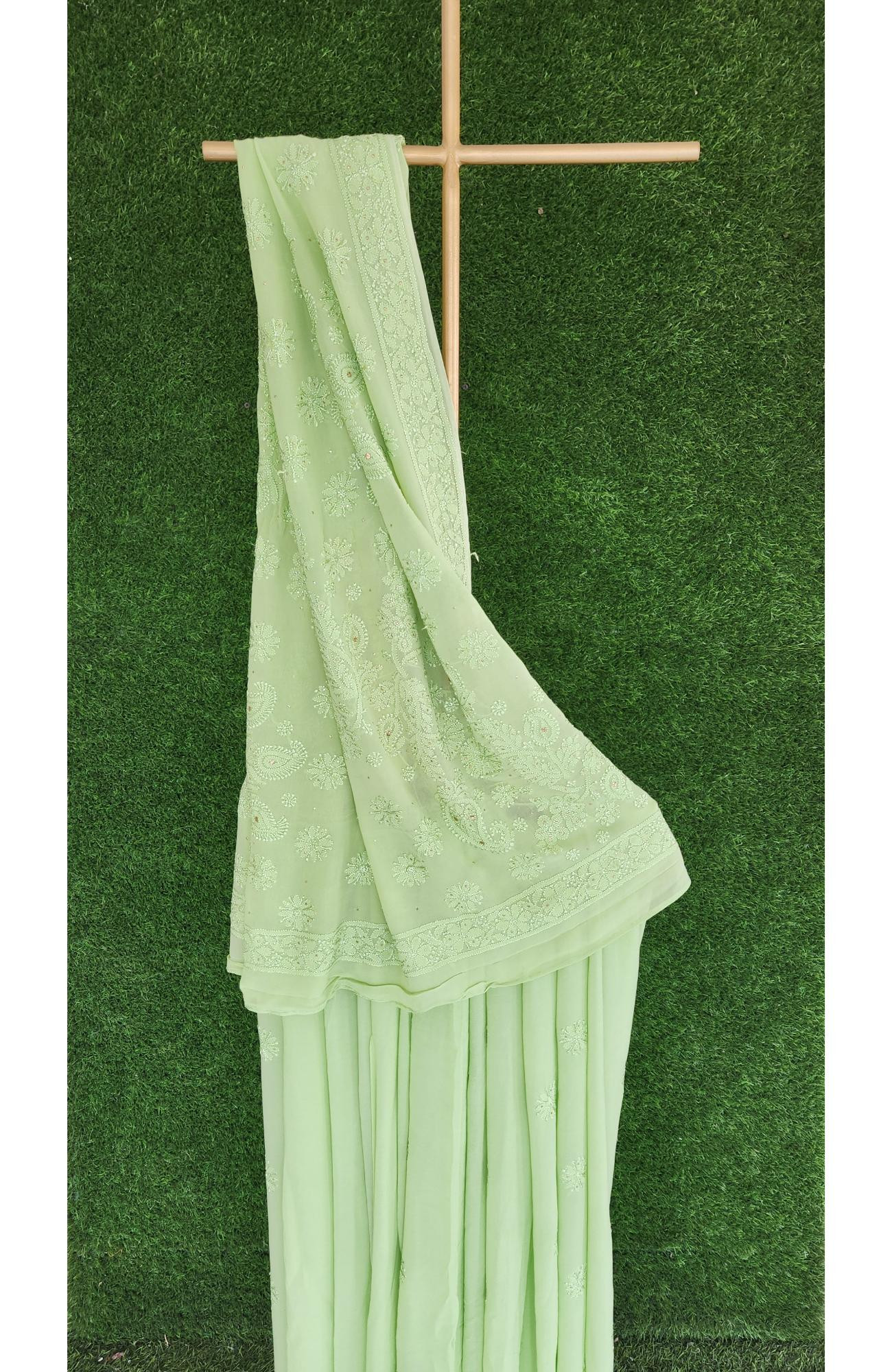 Green Pure Georgette Chikankari Saree