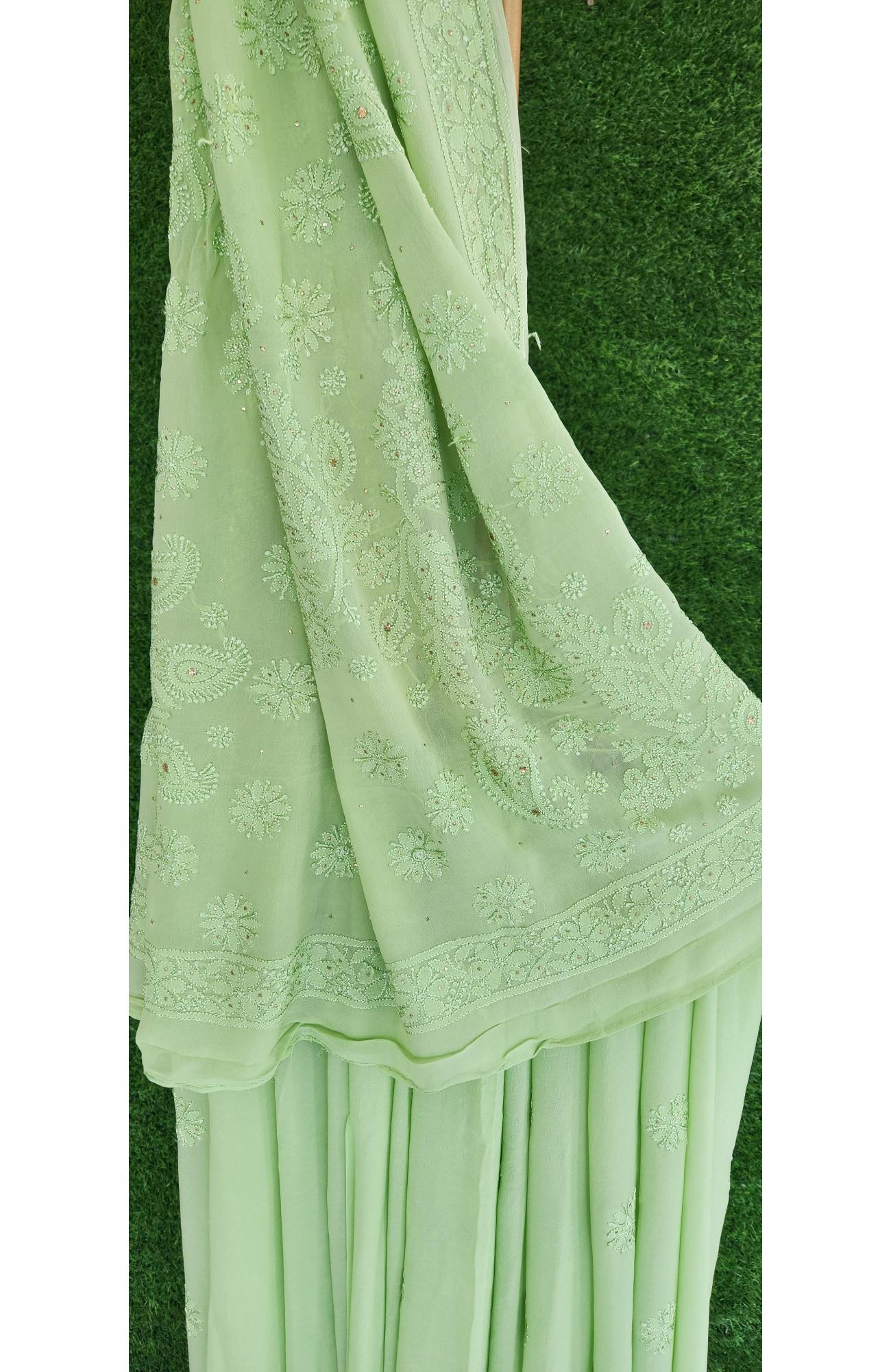 Green Pure Georgette Chikankari Saree