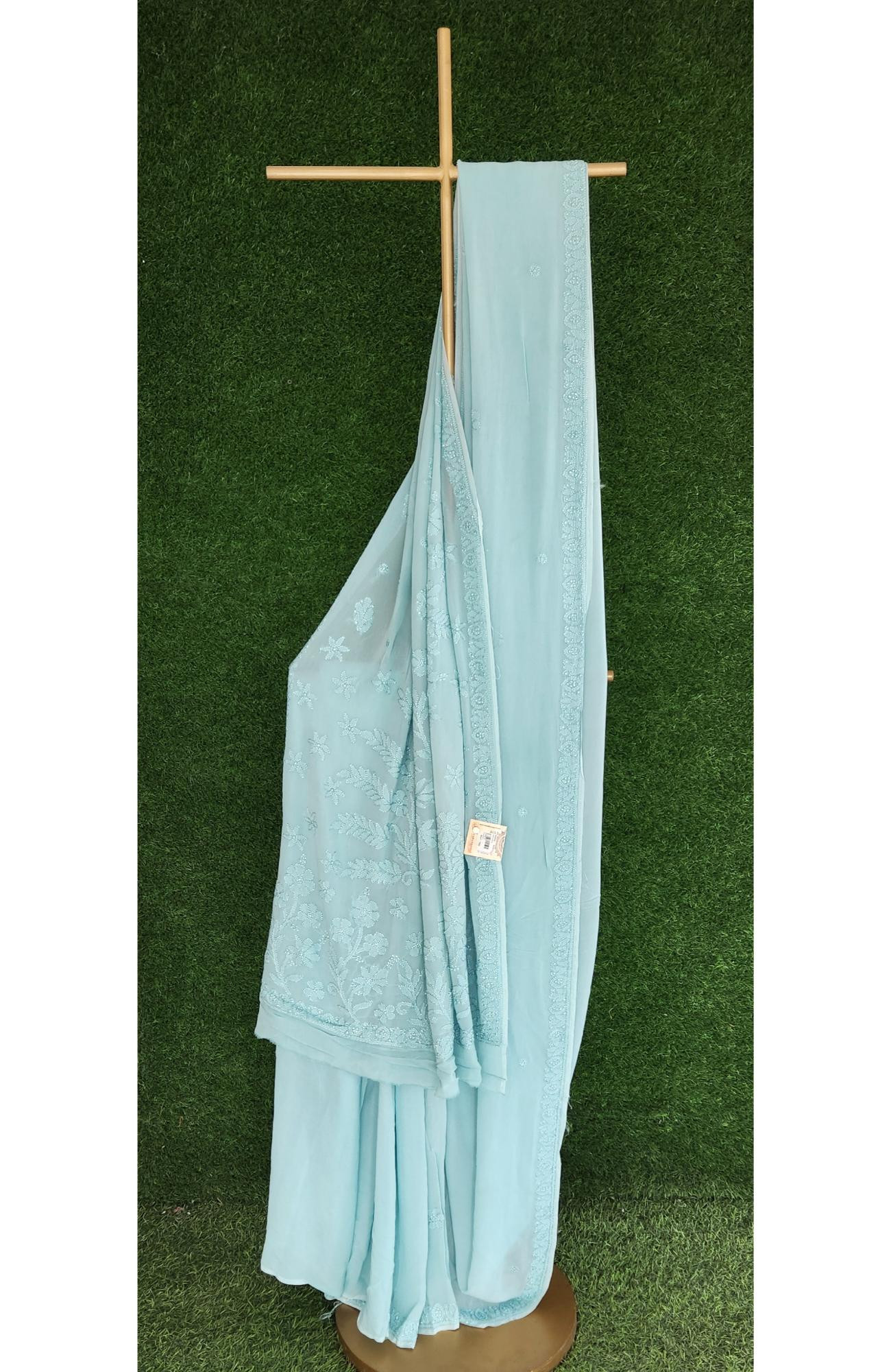 Light Grey Pure Georgette Chikankari Saree