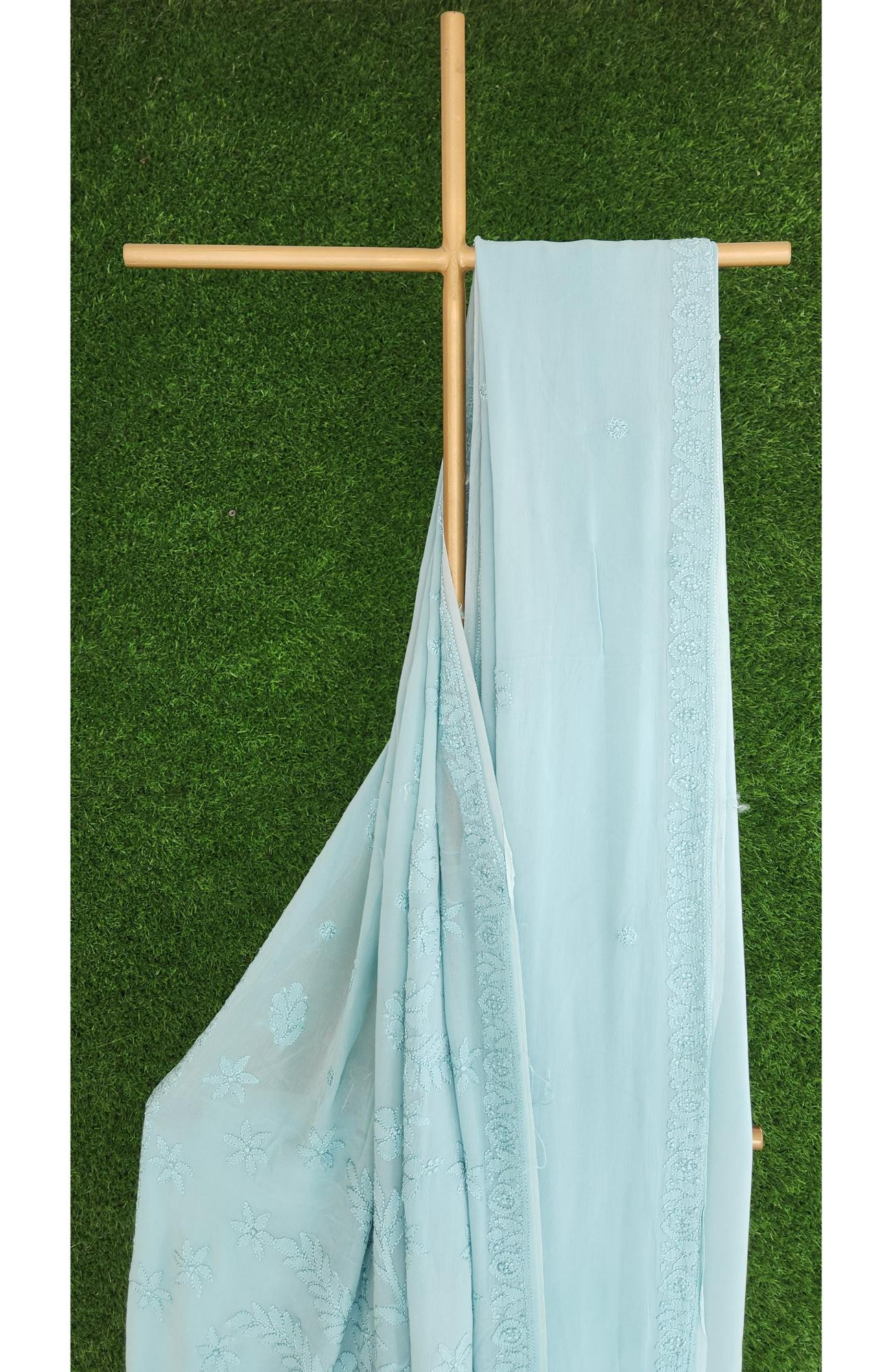 Light Grey Pure Georgette Chikankari Saree