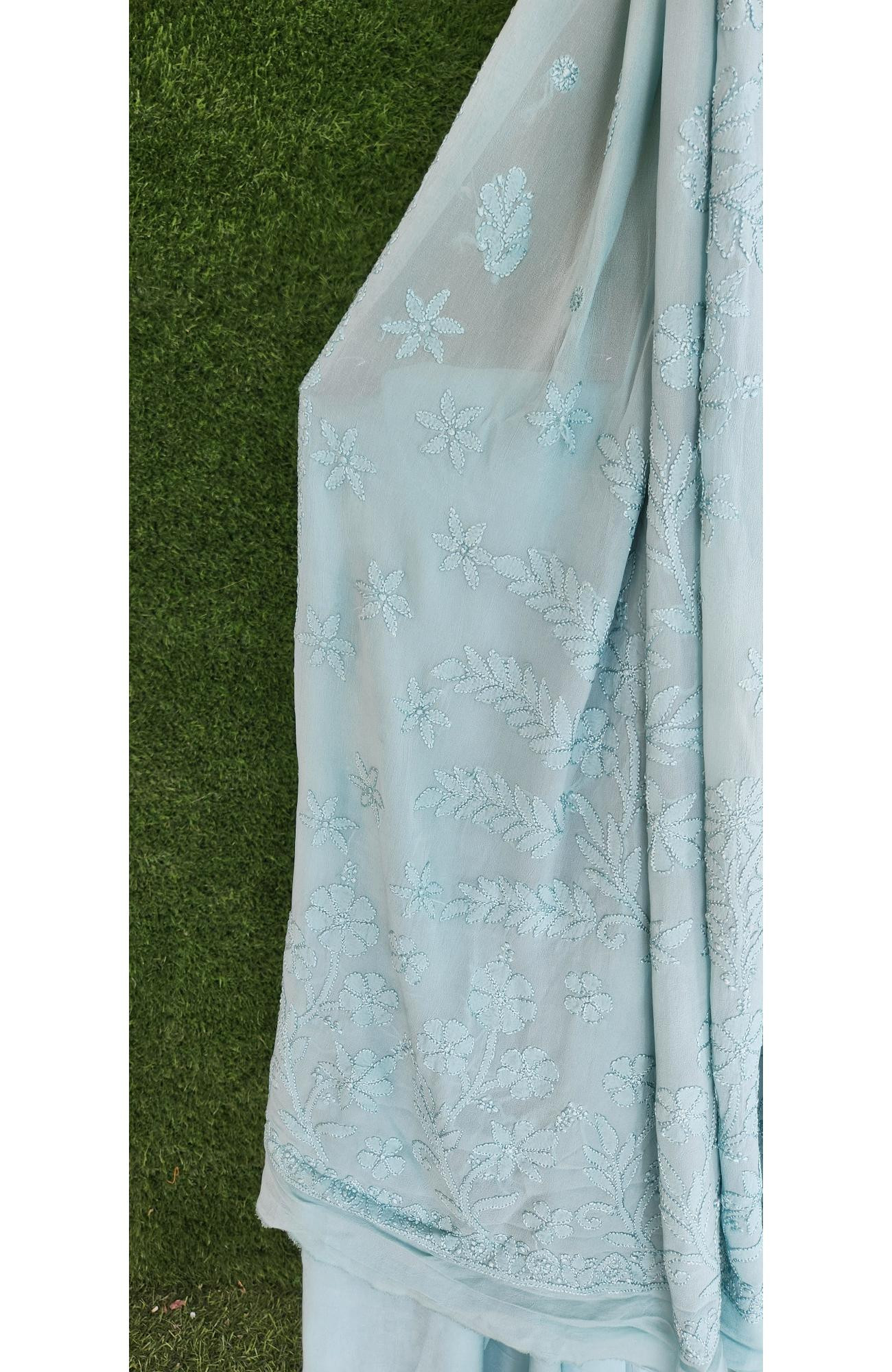Light Grey Pure Georgette Chikankari Saree