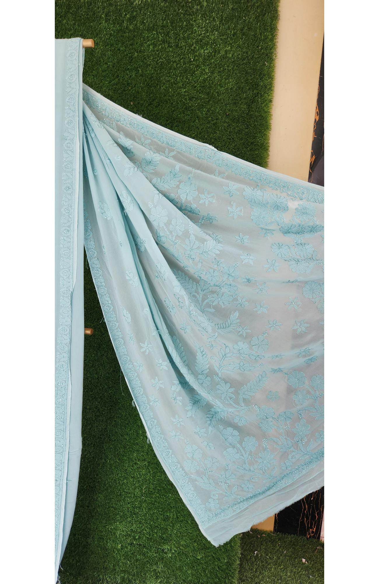 Light Grey Pure Georgette Chikankari Saree