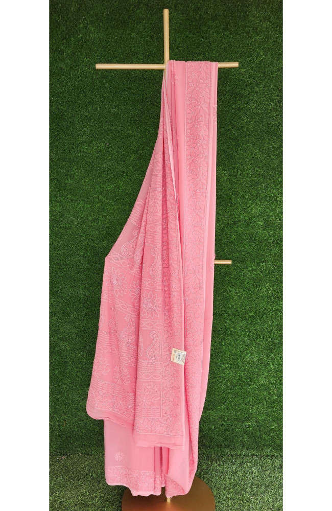 Image of Pink Pure Georgette Chikankari Saree