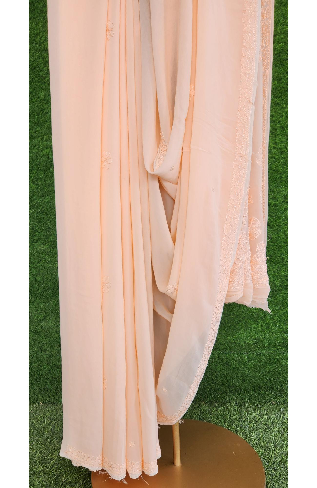 Peach Pure Georgette Chikankari Saree I Rohia