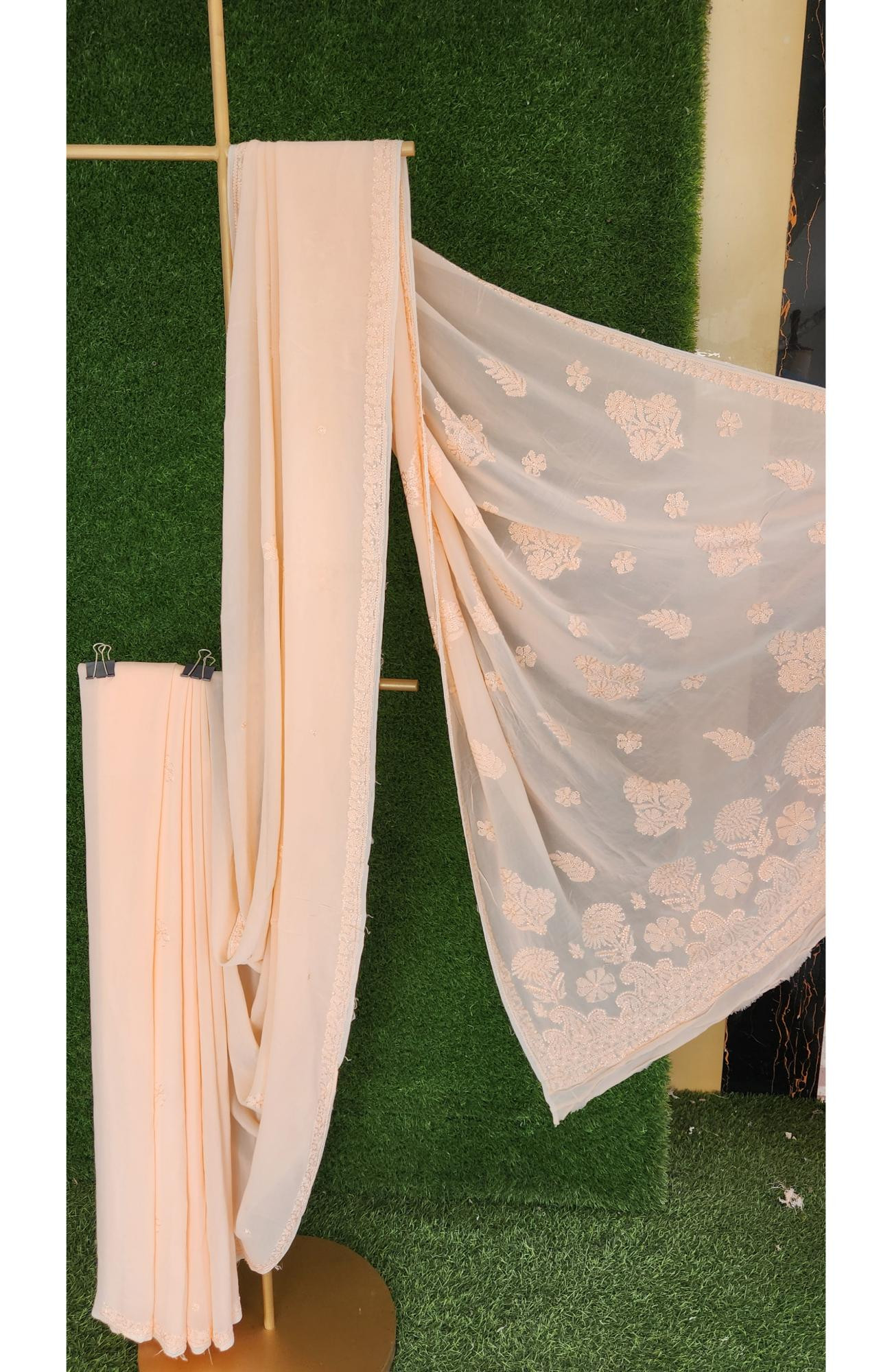 Peach Pure Georgette Chikankari Saree I Rohia