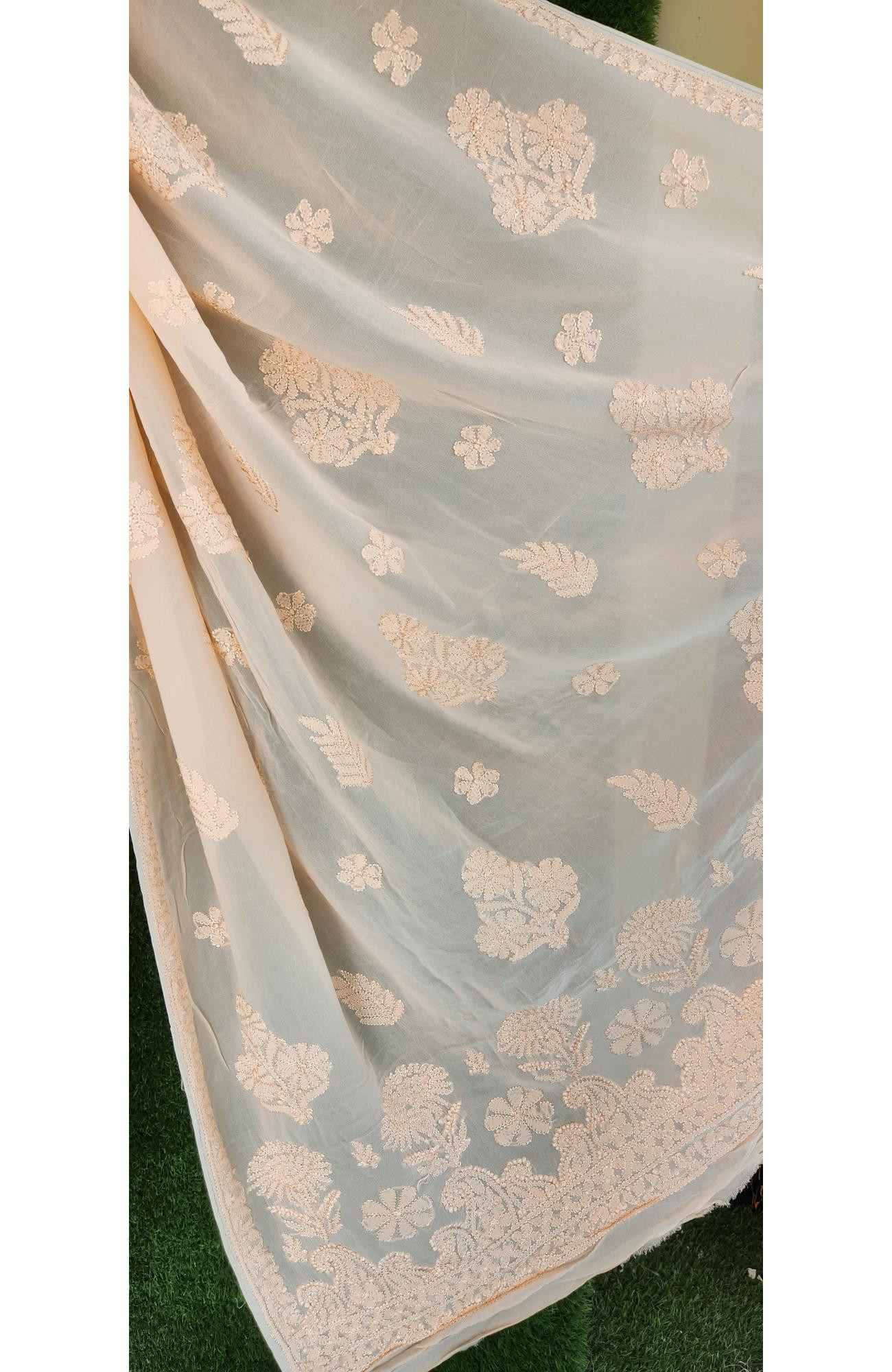 Peach Pure Georgette Chikankari Saree I Rohia