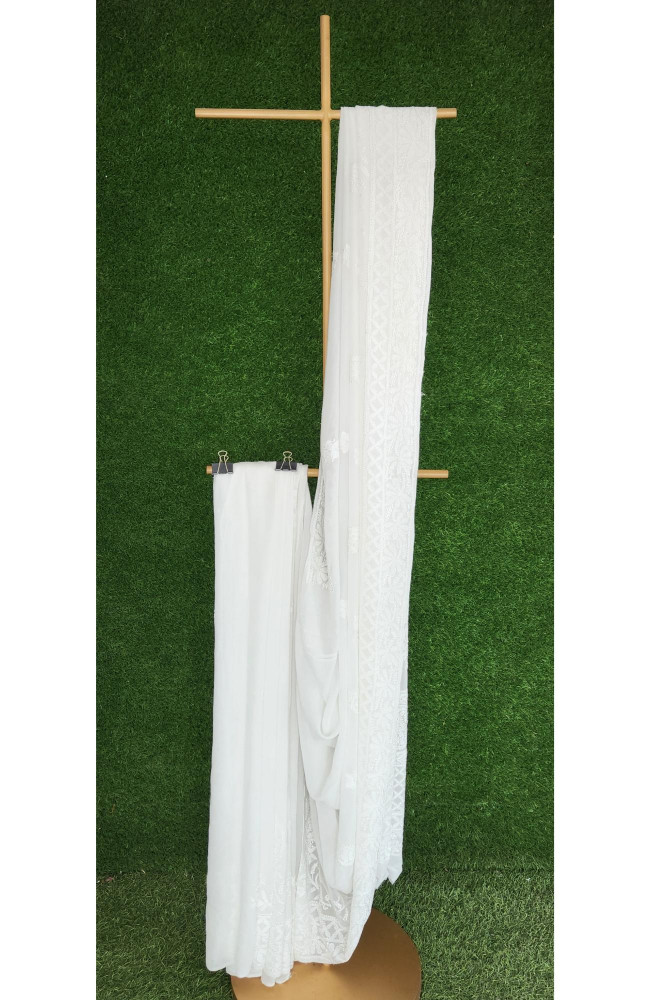 Image of White Pure Georgette Chikankari Saree I Rohia