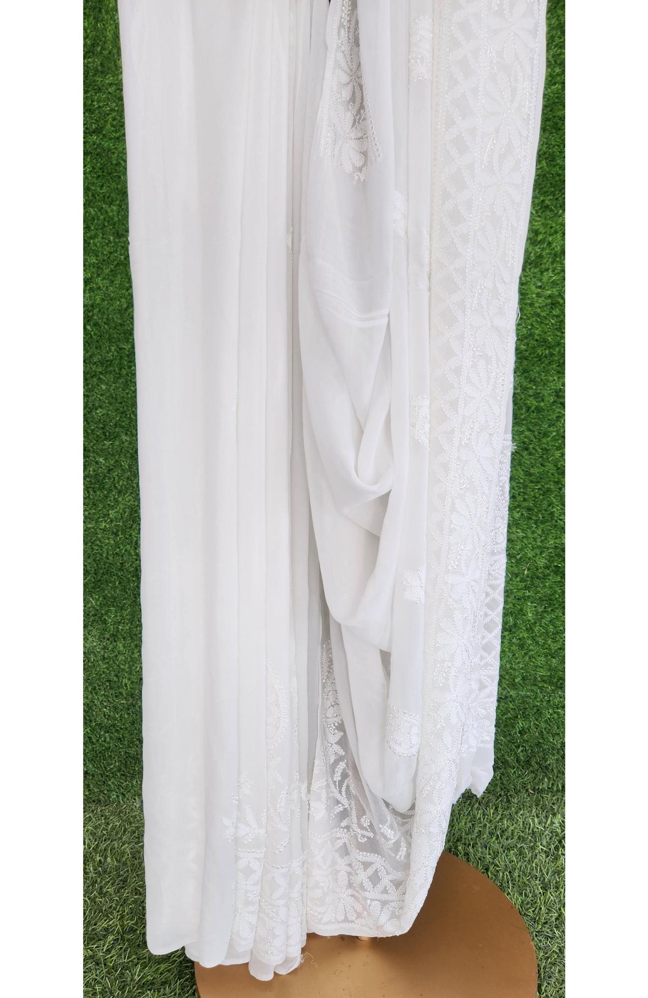 White Pure Georgette Chikankari Saree I Rohia