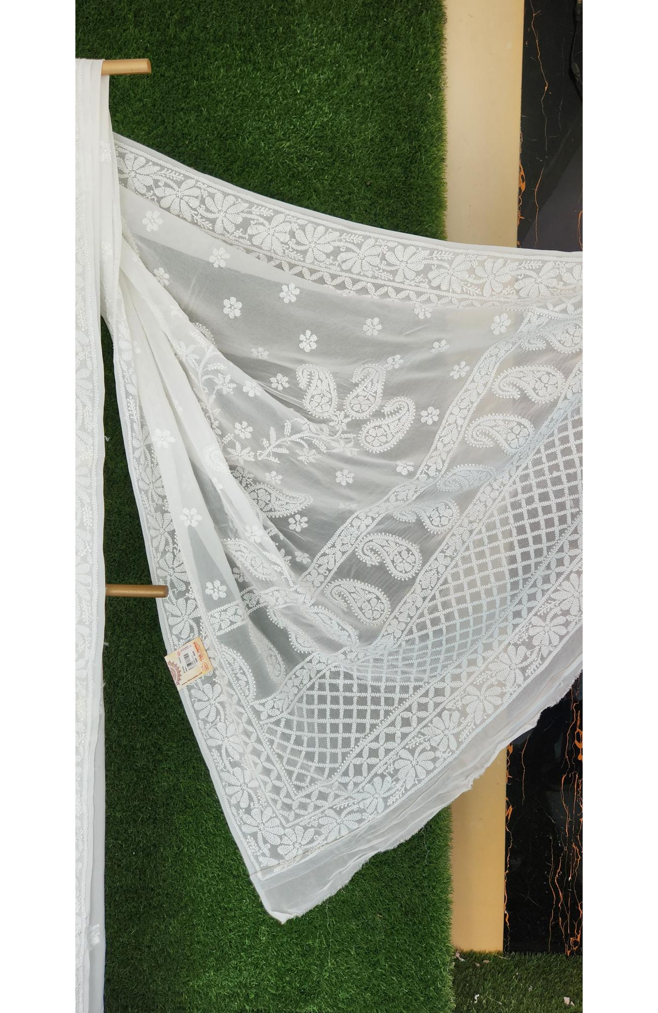 White Pure Georgette Chikankari Saree I Rohia