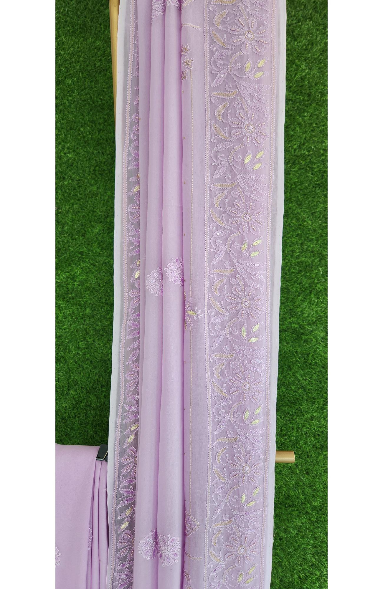 Purple Pure Georgette Chikankari Saree I Rohia
