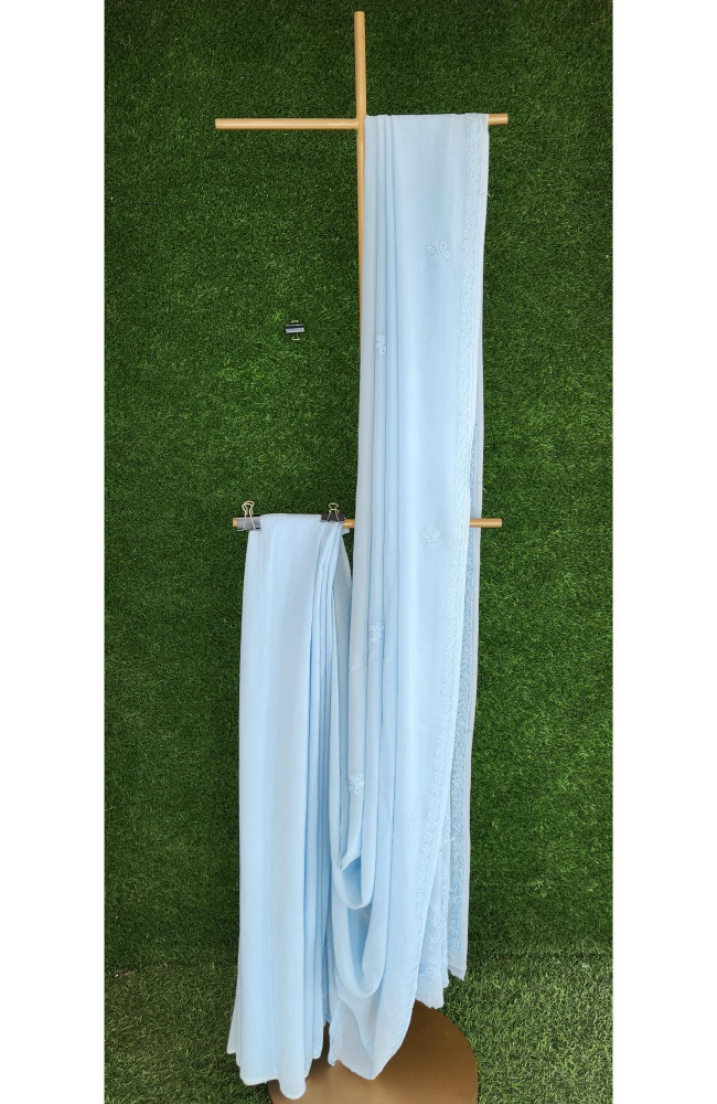 Image of Blue Pure Georgette Chikankari Saree