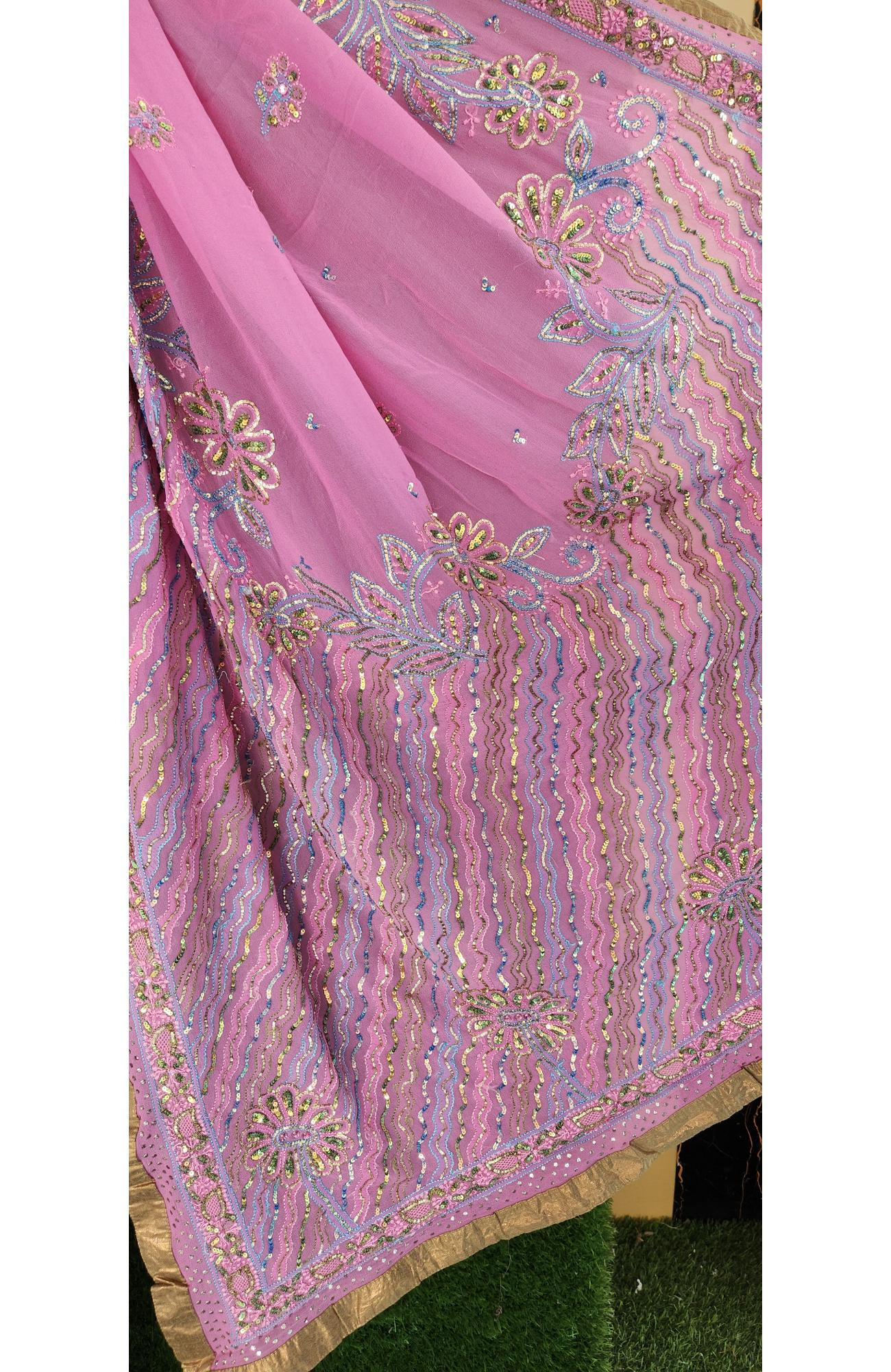 Magenta Pure Georgette Chikankari Saree I Rohia