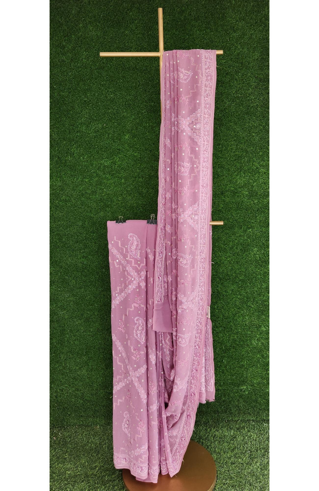 Image of Onion Pink Pure Georgette Chikankari Saree