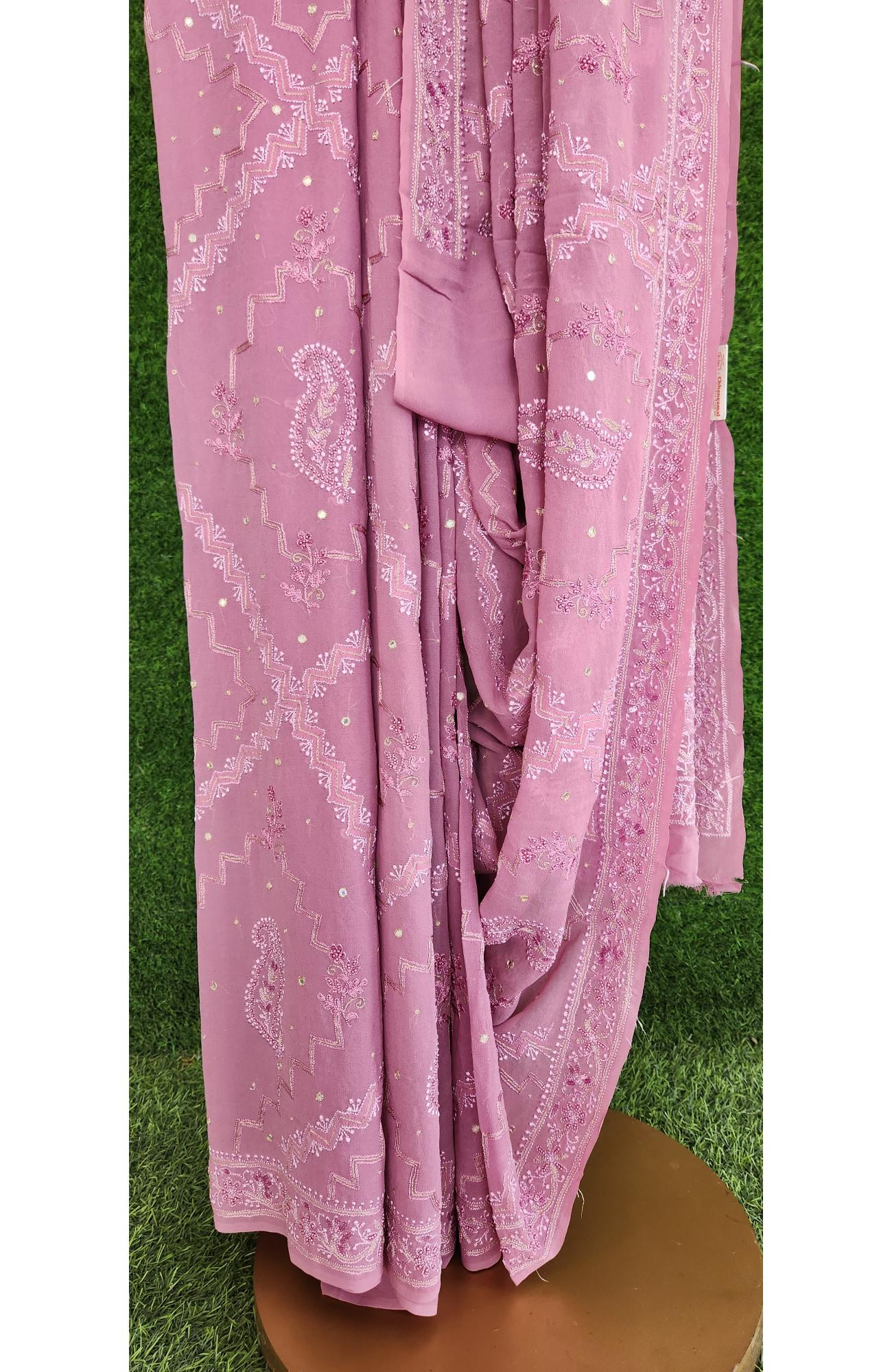 Onion Pink Pure Georgette Chikankari Saree
