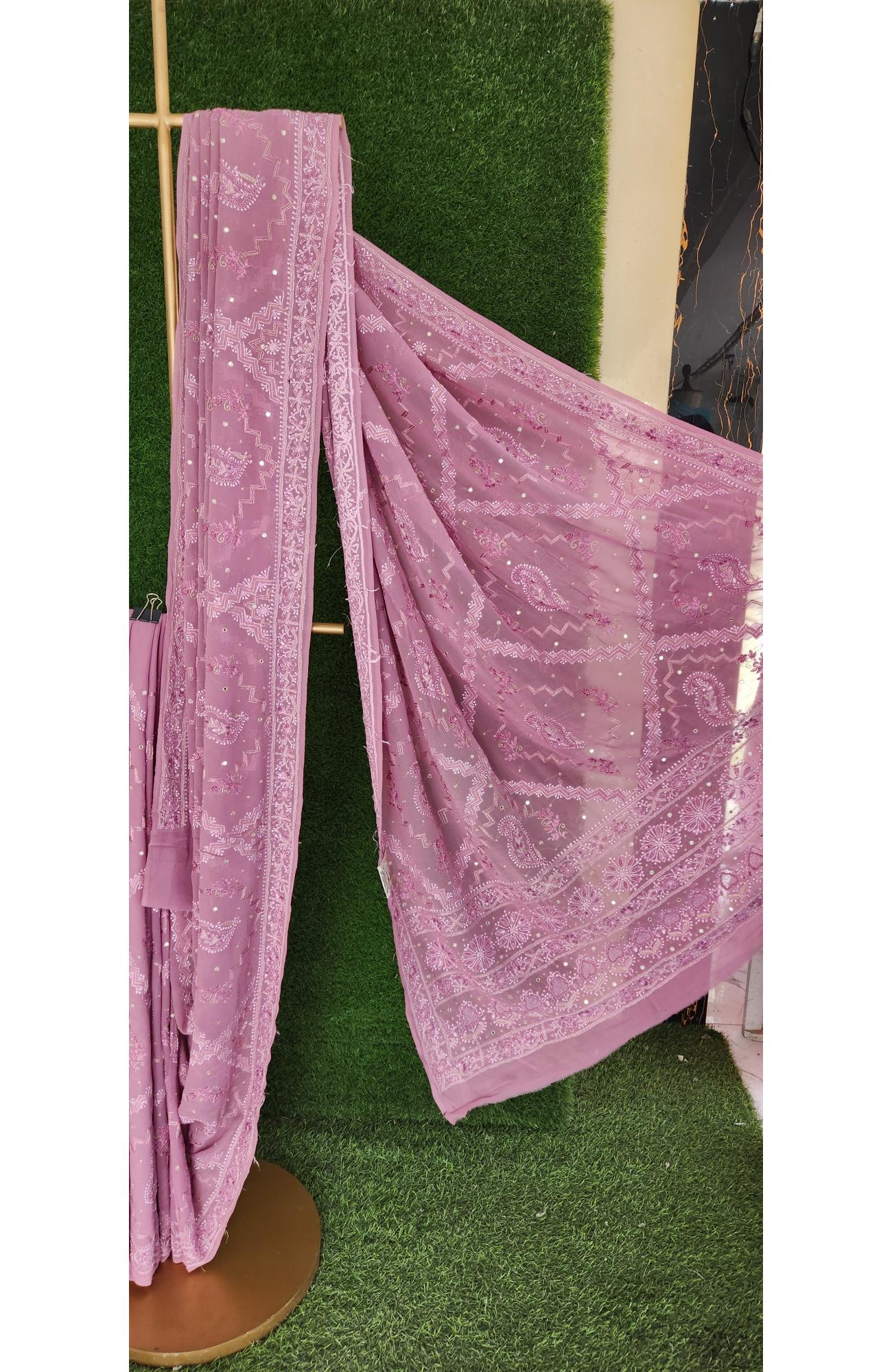 Onion Pink Pure Georgette Chikankari Saree