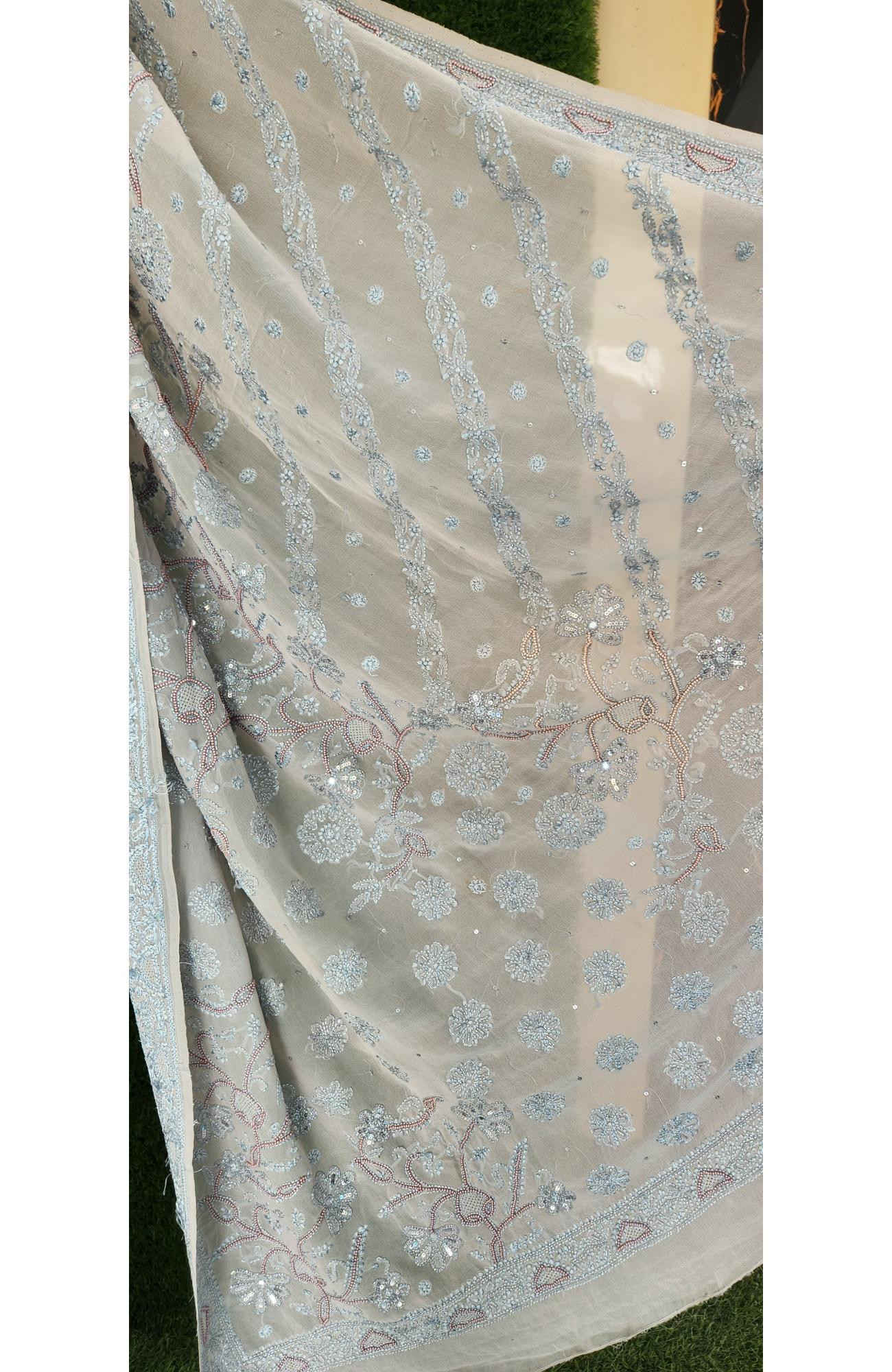 Light Grey Pure Georgette Chikankari Saree I Rohia