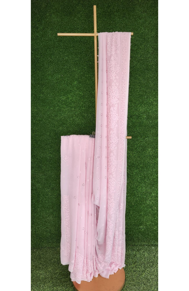 Image of Pink Pure Georgette Chikankari Saree I Rohia