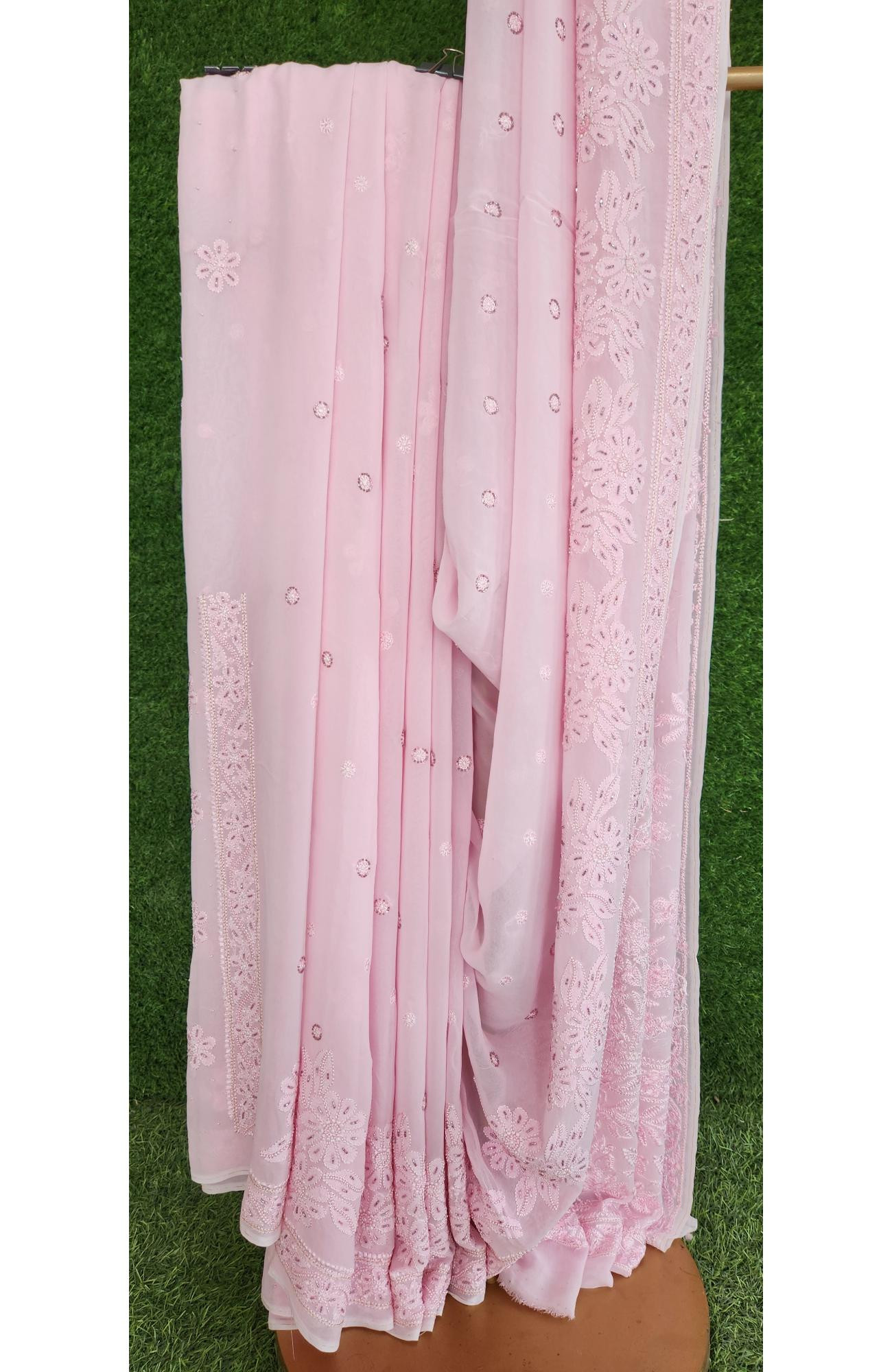 Pink Pure Georgette Chikankari Saree I Rohia