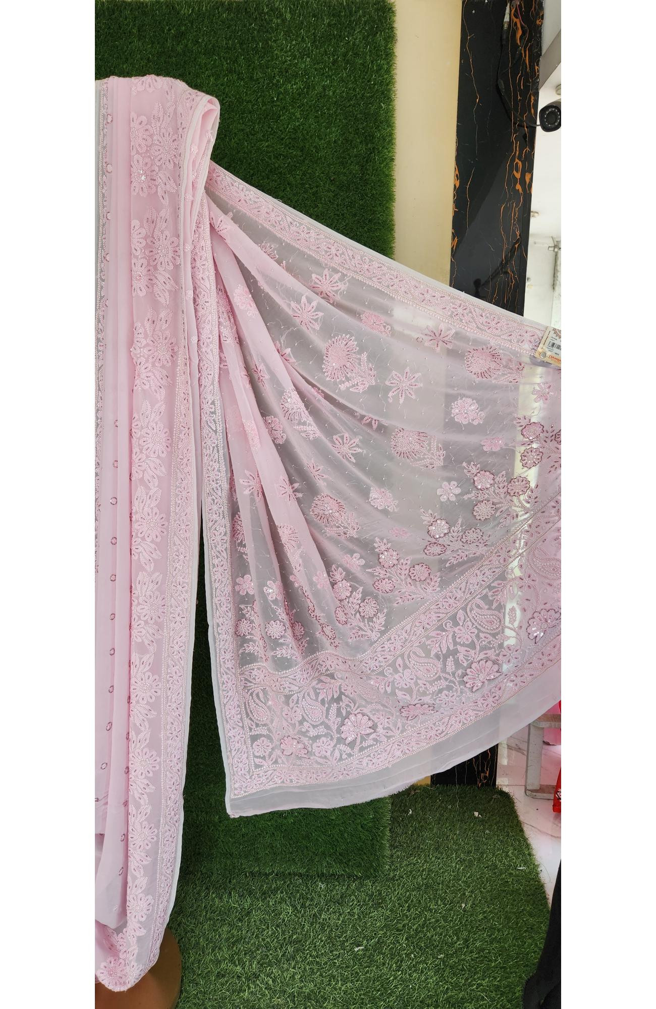 Pink Pure Georgette Chikankari Saree I Rohia