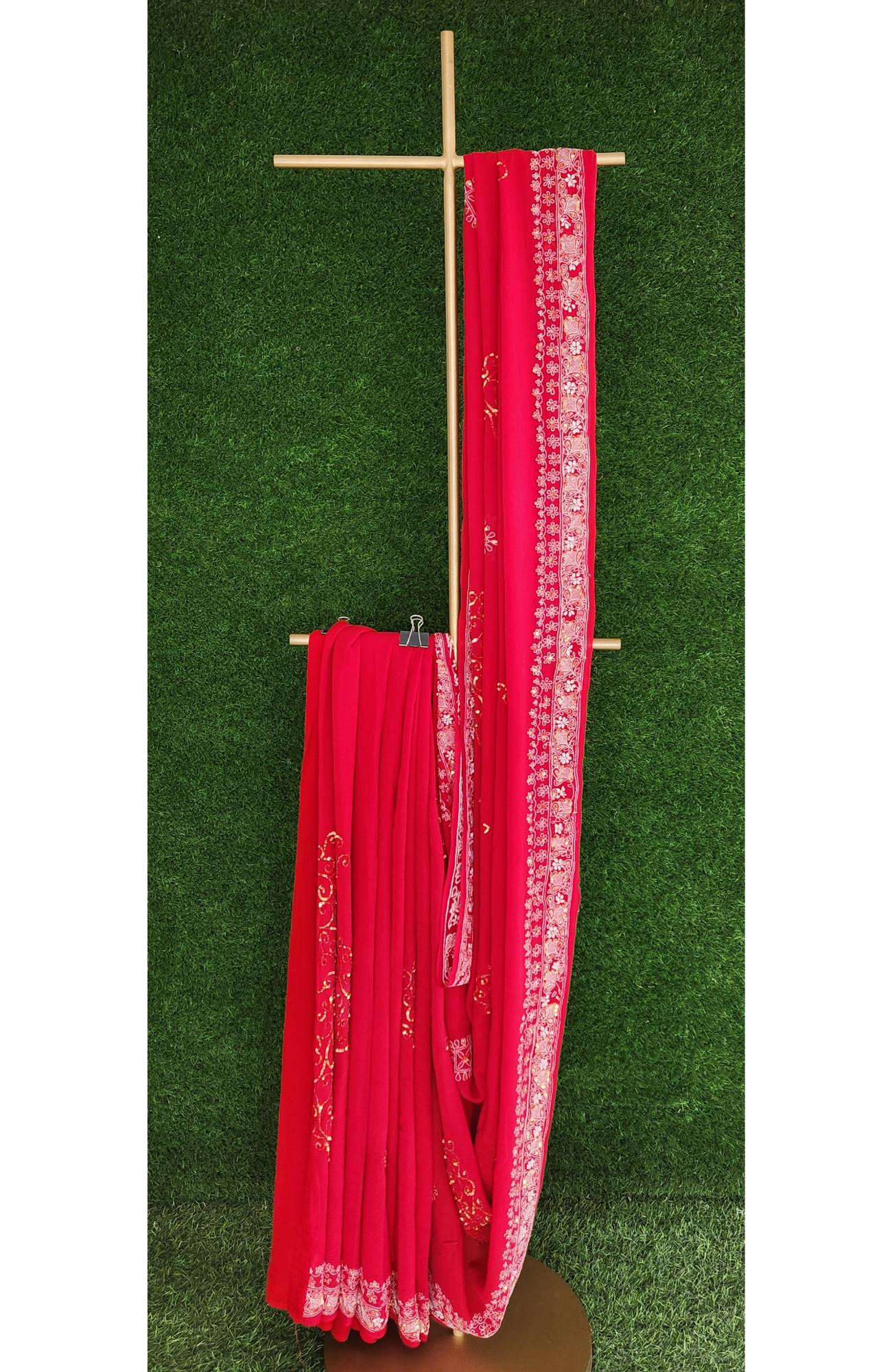 Rohia Hand Embroidery  Red Pure Georgette Chikankari Saree With Blouse