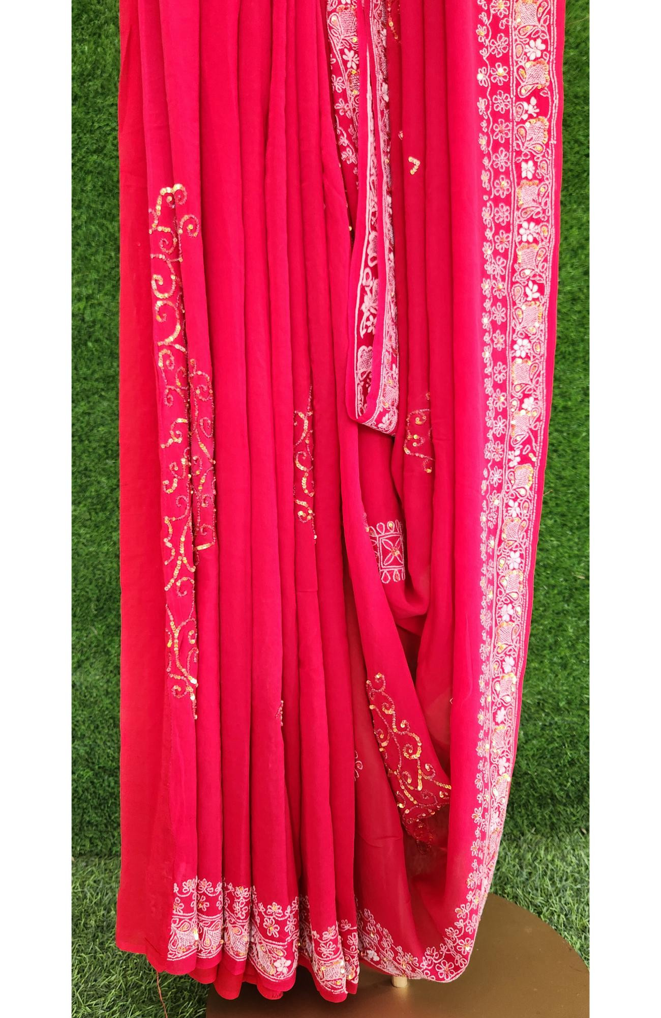 Rohia Hand Embroidery  Red Pure Georgette Chikankari Saree With Blouse