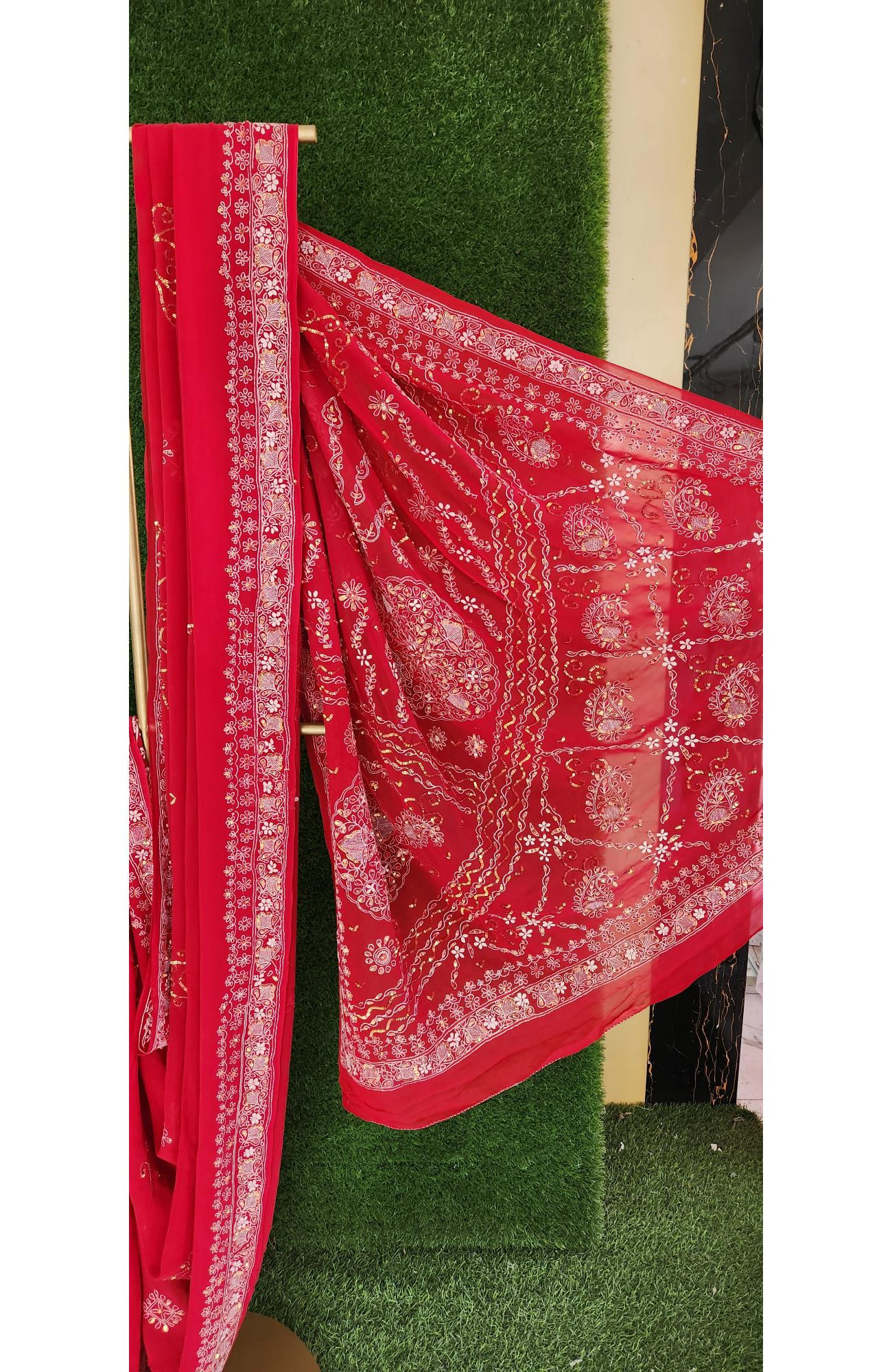 Rohia Hand Embroidery  Red Pure Georgette Chikankari Saree With Blouse