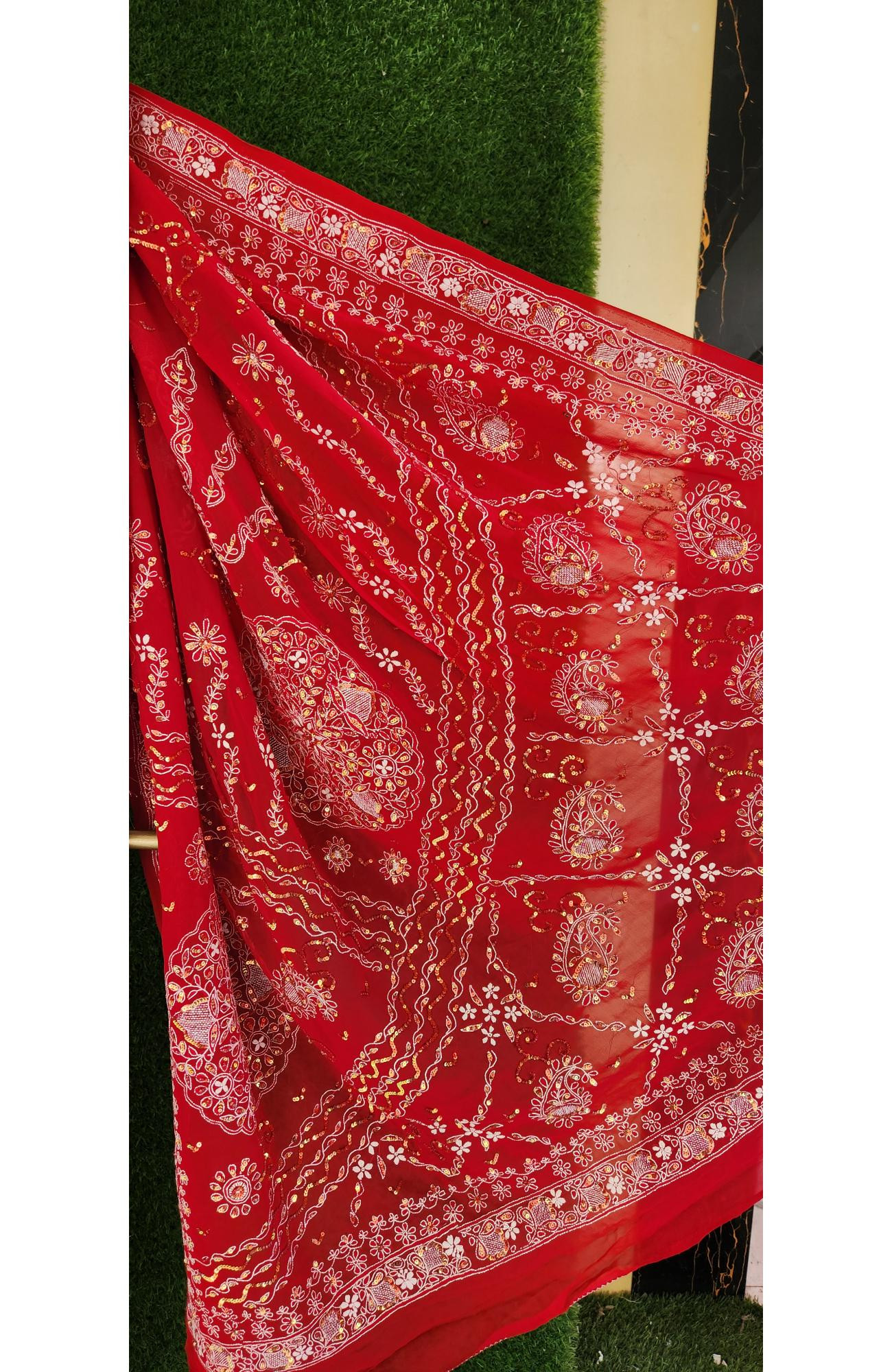 Rohia Hand Embroidery  Red Pure Georgette Chikankari Saree With Blouse