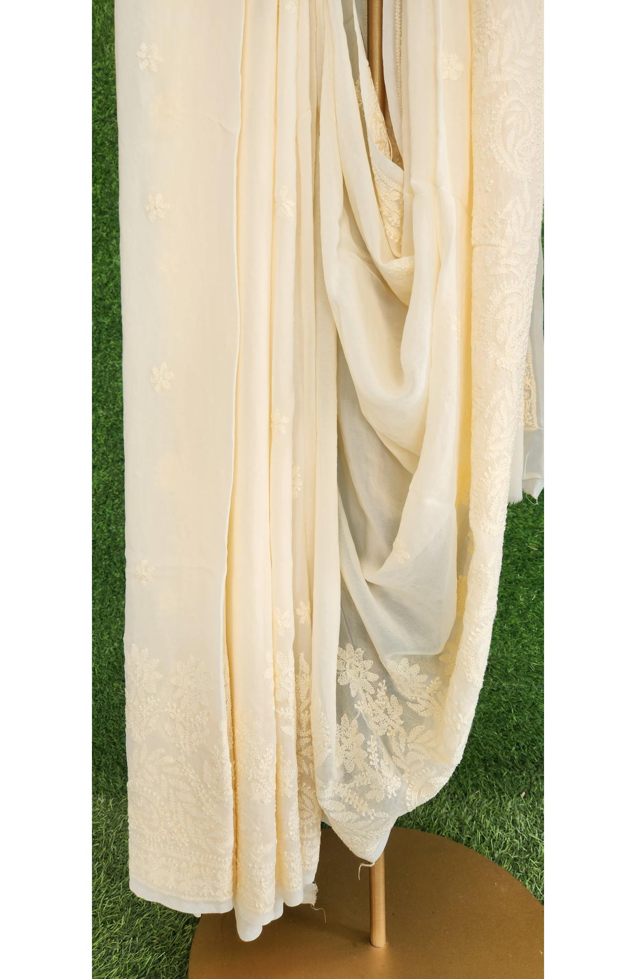 Light Yellow Pure Georgette Chikankari Saree