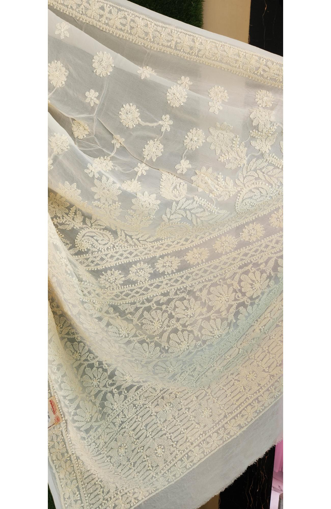 Light Yellow Pure Georgette Chikankari Saree
