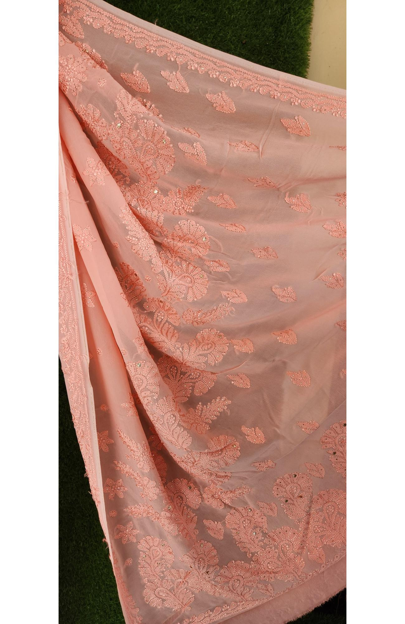 Pink Pure Georgette Chikankari Saree