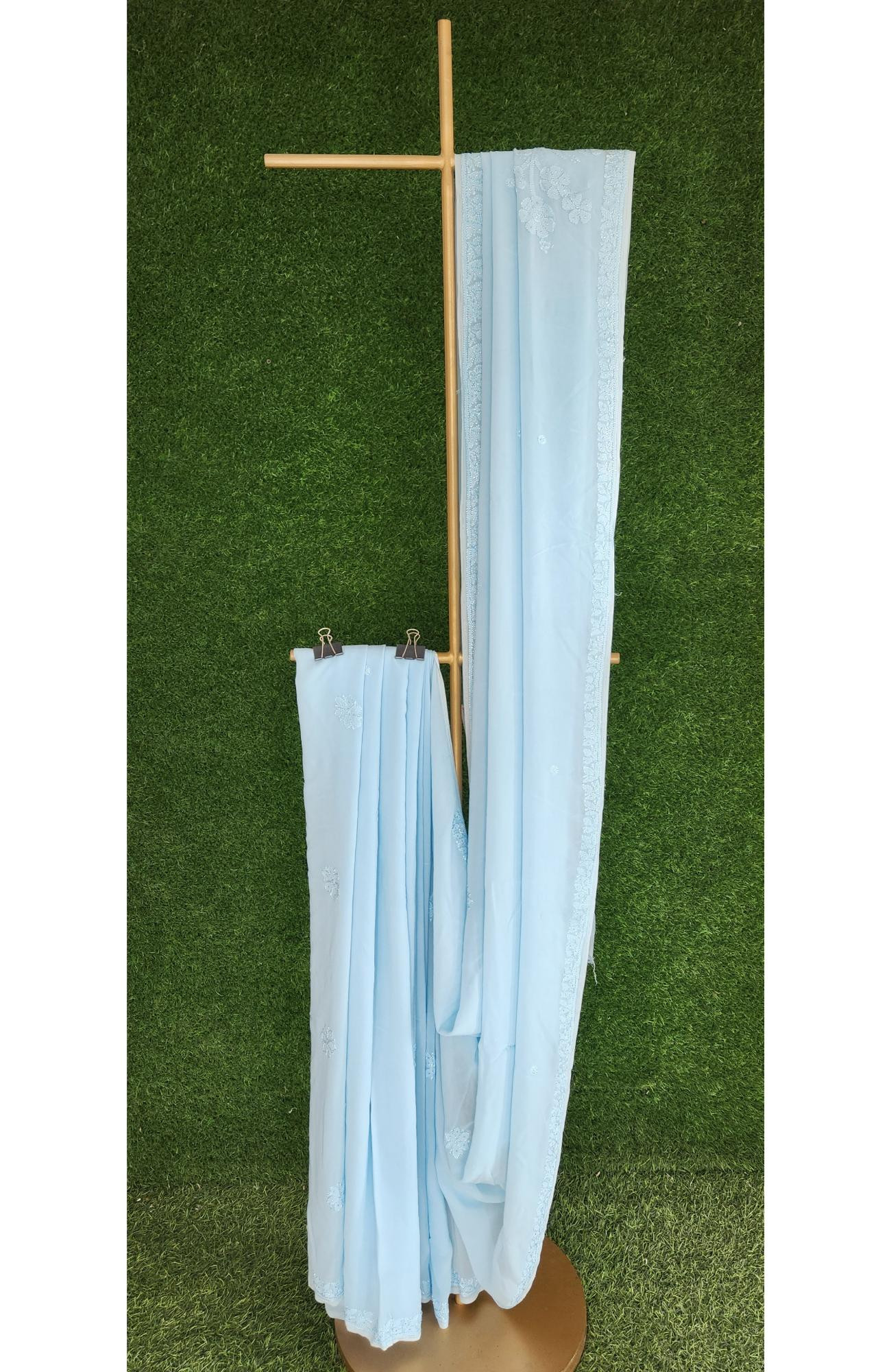 Light Blue Pure Georgette Chikankari Saree